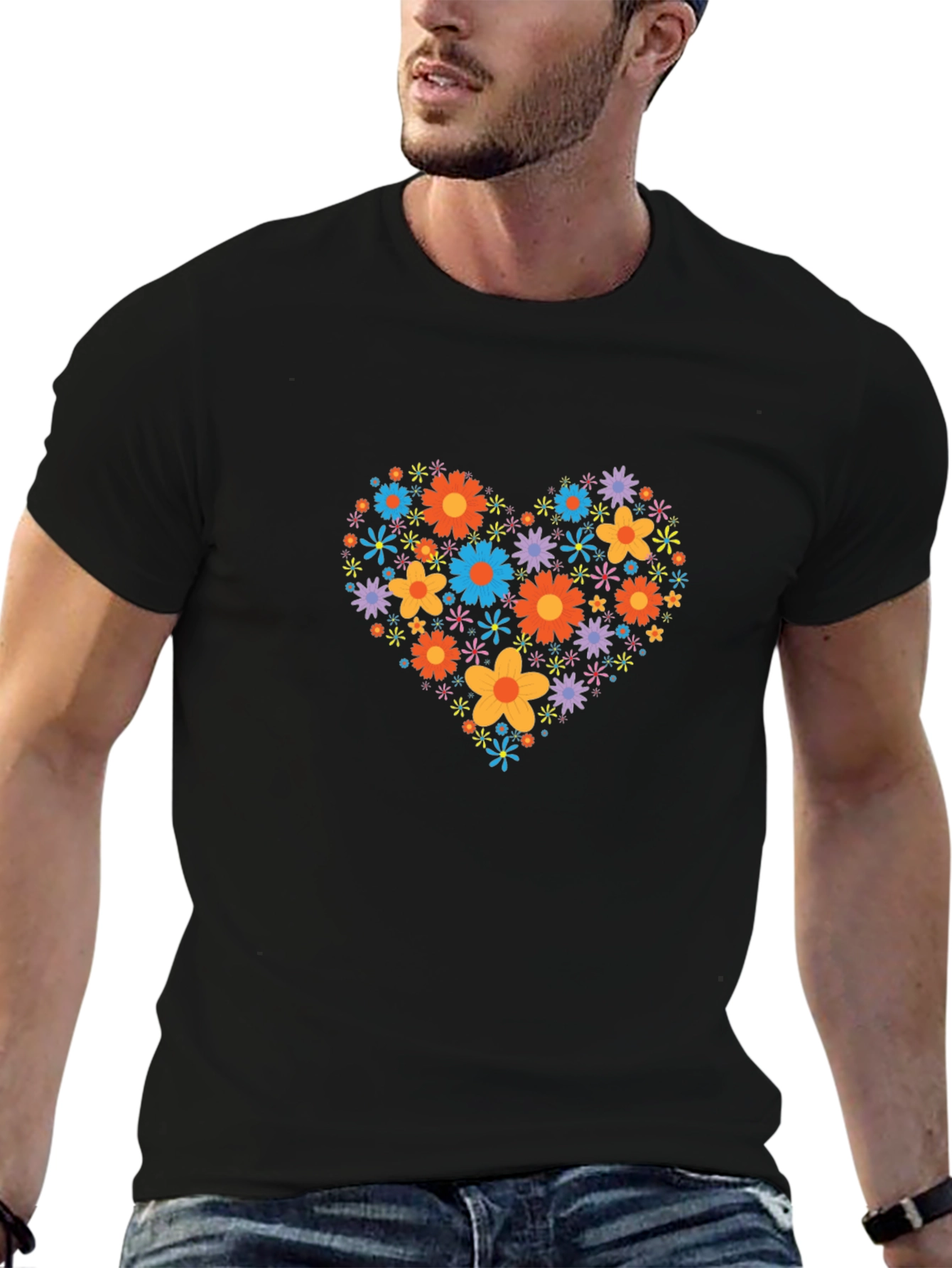 Floral Heart Graphic Black T-Shirt