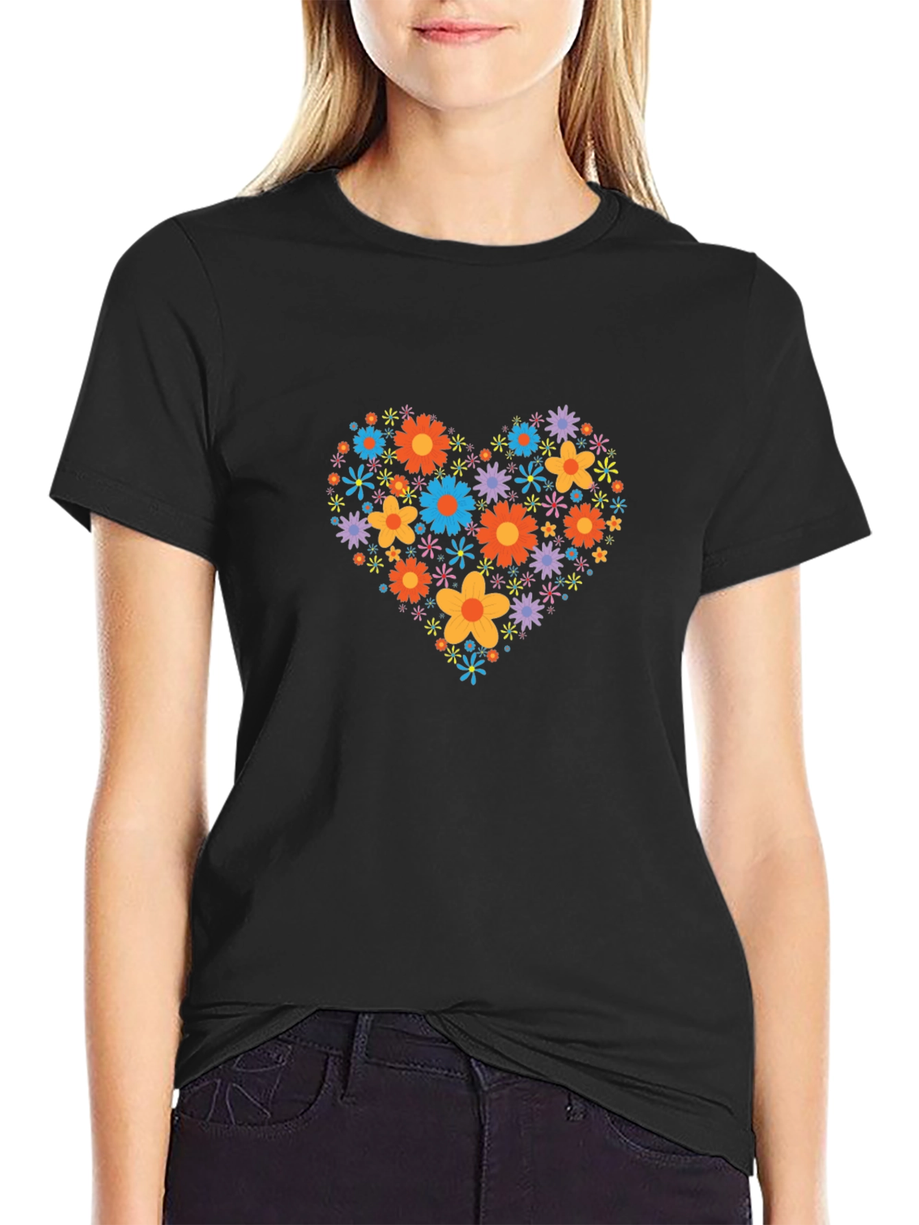 Floral Heart Graphic Black T-Shirt