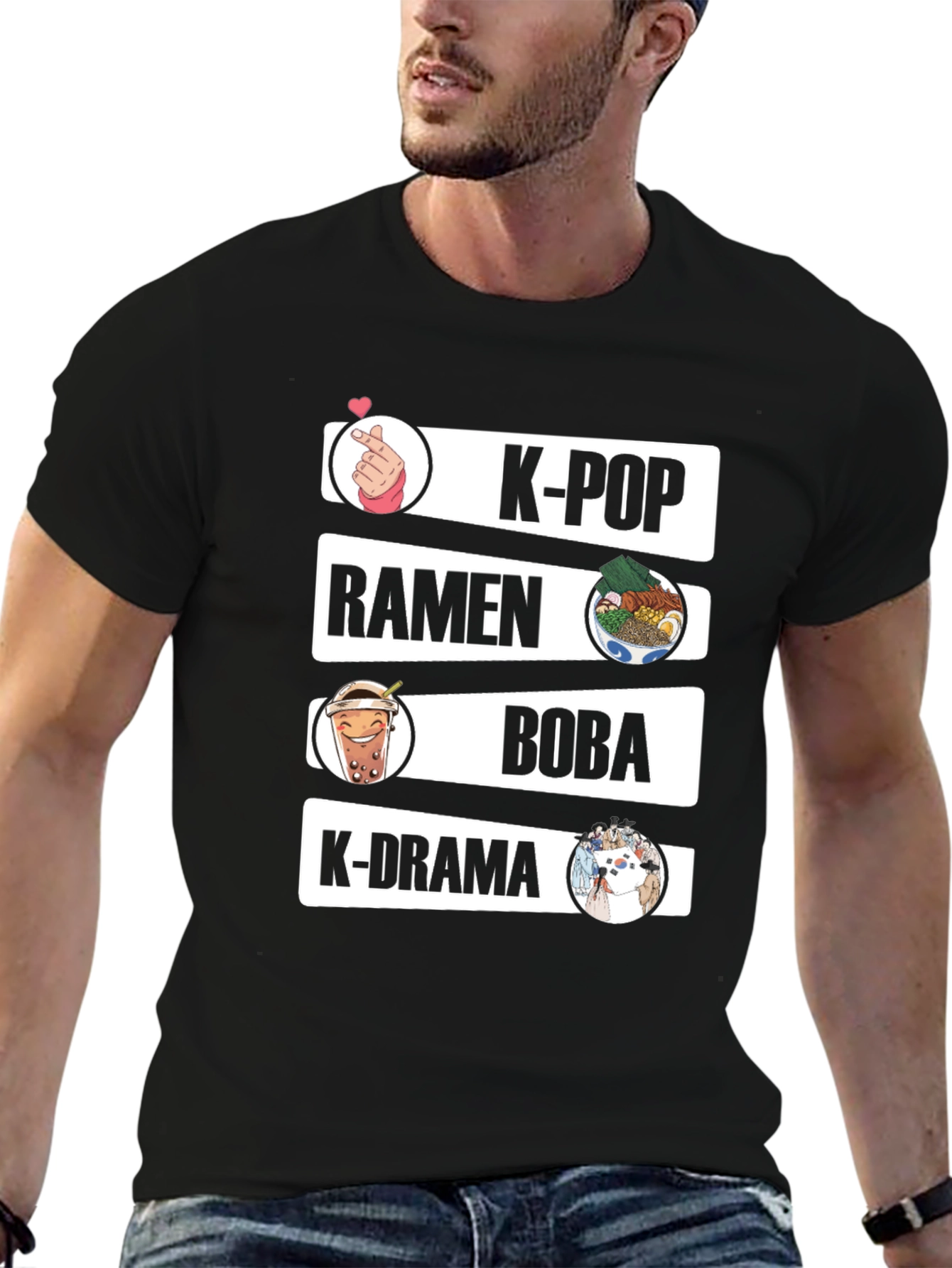 K-Pop Ramen Boba K-Drama Black Graphic Tee