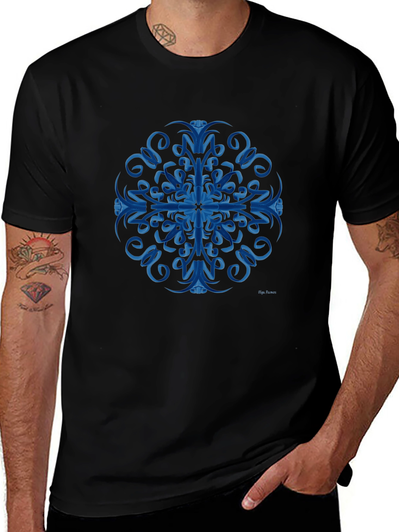 Blue Swirl Mandala Black T-Shirt