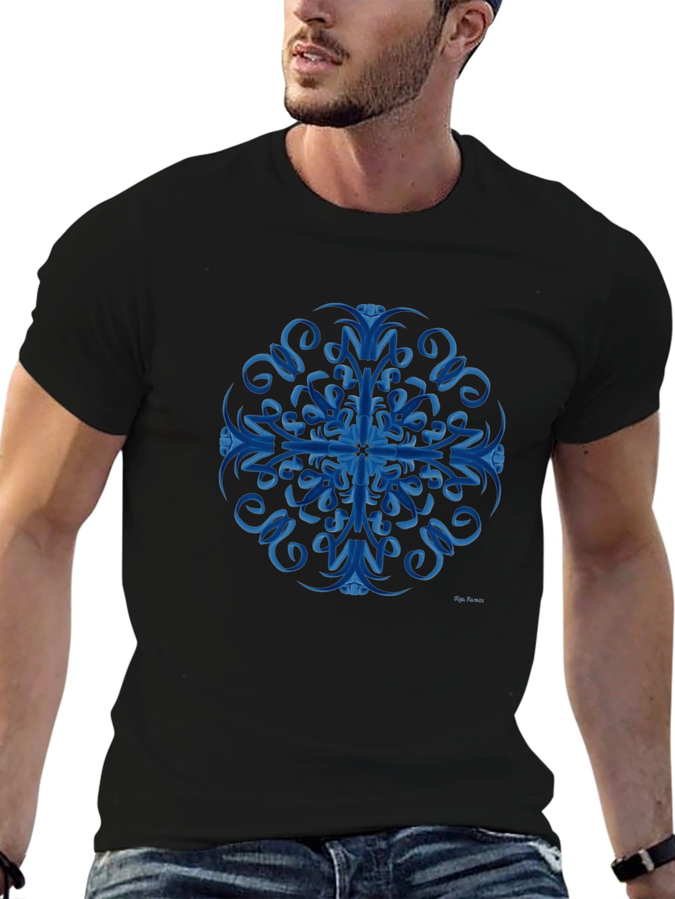 Blue Swirl Mandala Black T-Shirt