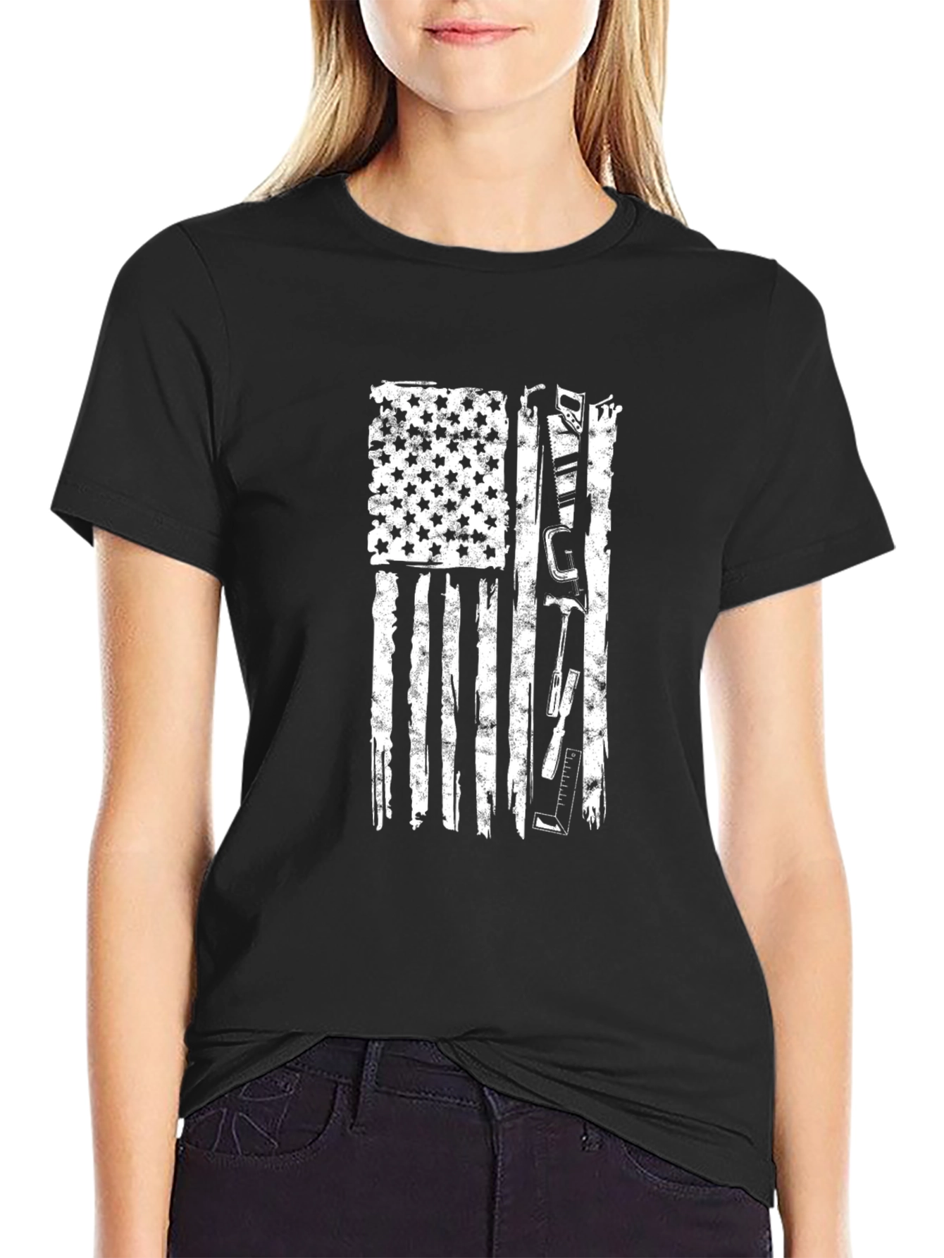 Distressed USA Flag Construction Worker T-Shirt