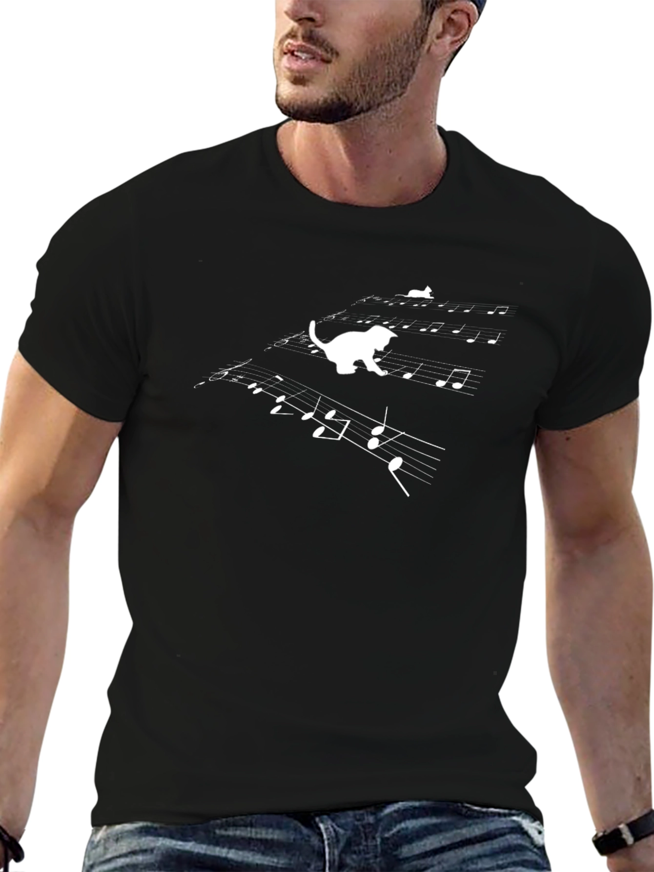 Cat on Sheet Music T-Shirt - Black