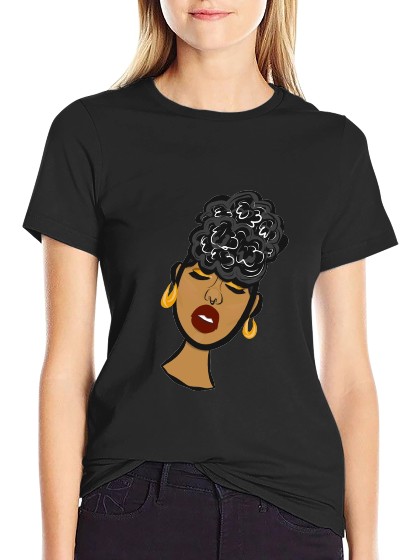 Black Woman Graphic Tee - Stylish Afro Puff Design