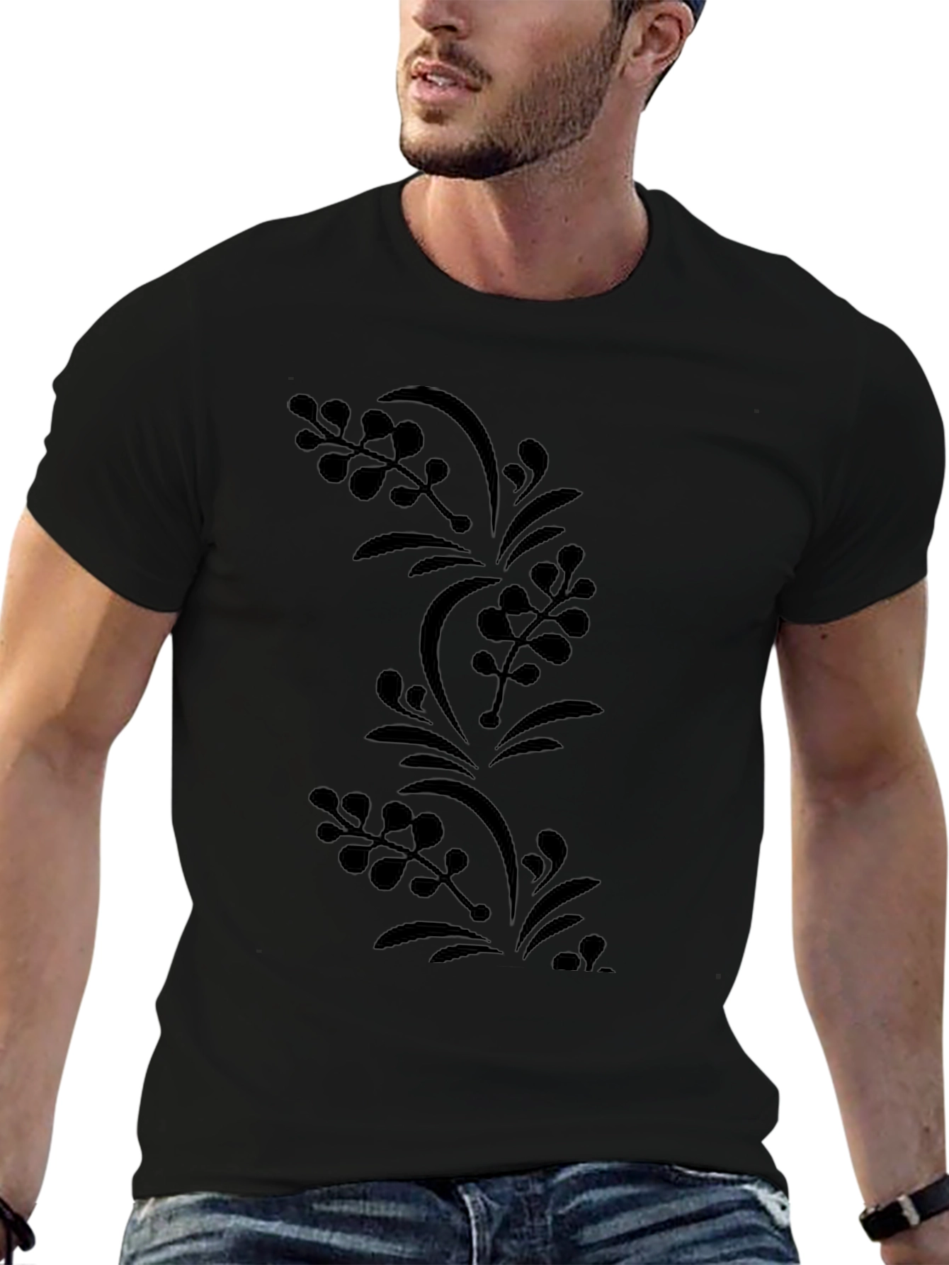 Mens Black Floral Print Tee