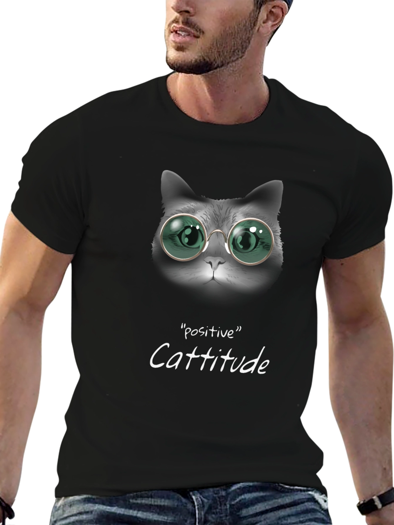 Positive Cattitude Tee - Cat with Glasses Graphic T-Shirt
