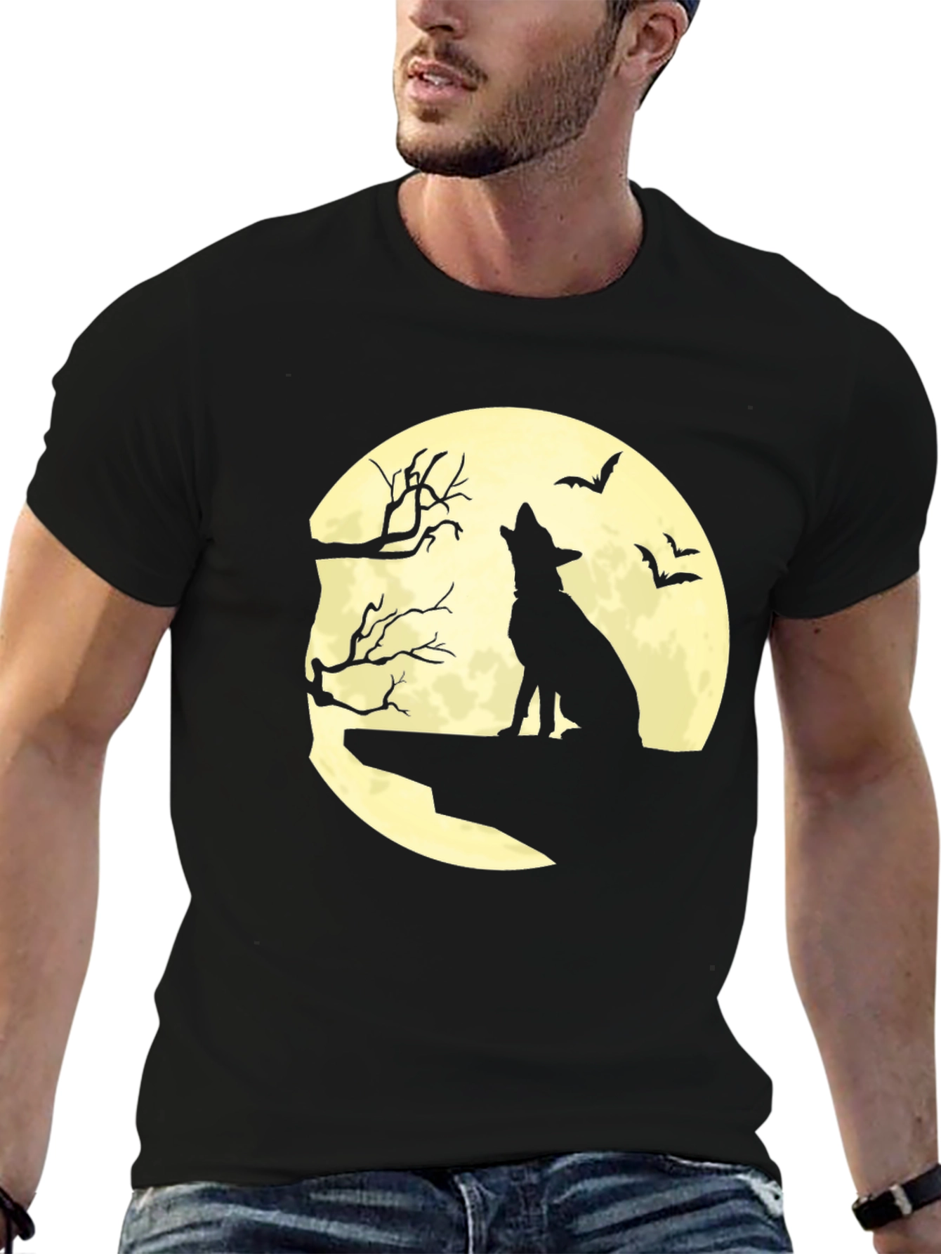 Halloween Wolf Moon Graphic Tee - Black