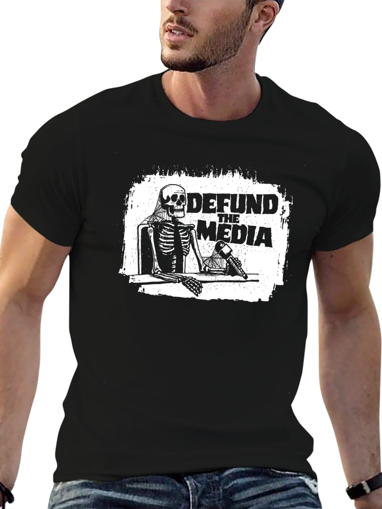 Defund The Media Skeleton Graphic T-Shirt