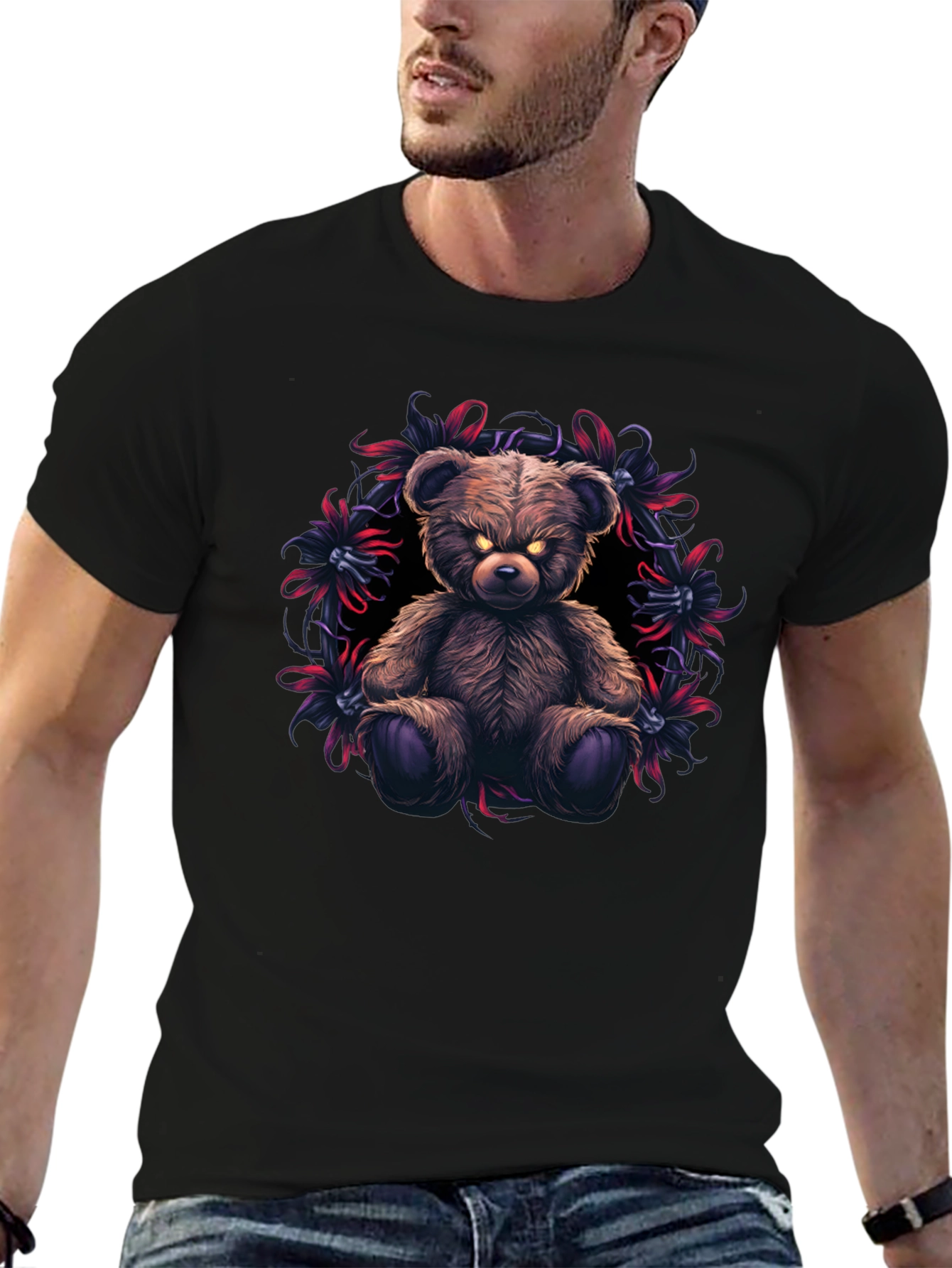 Mens Black T-Shirt with Evil Teddy Bear Graphic
