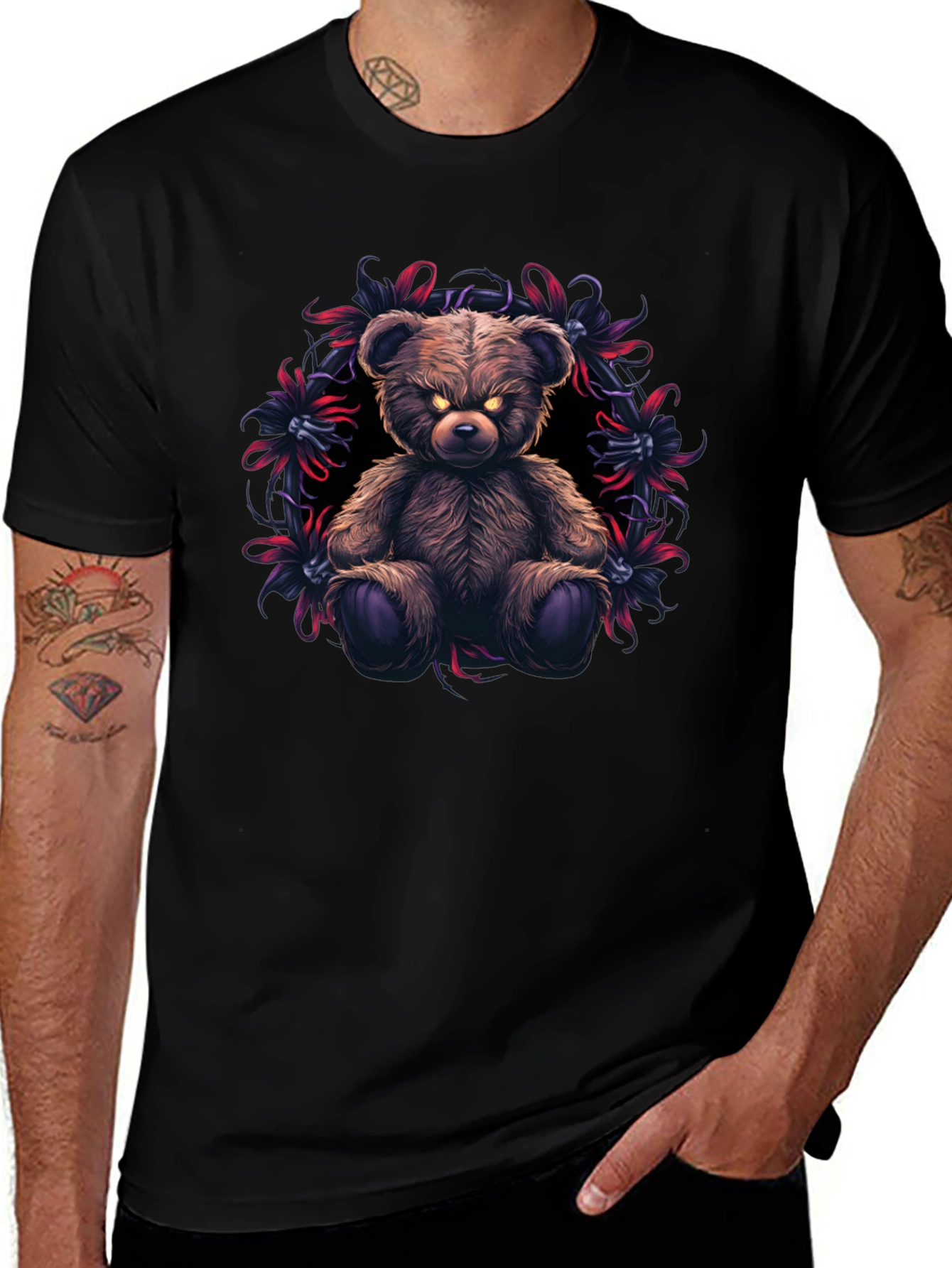 Mens Black T-Shirt with Evil Teddy Bear Graphic