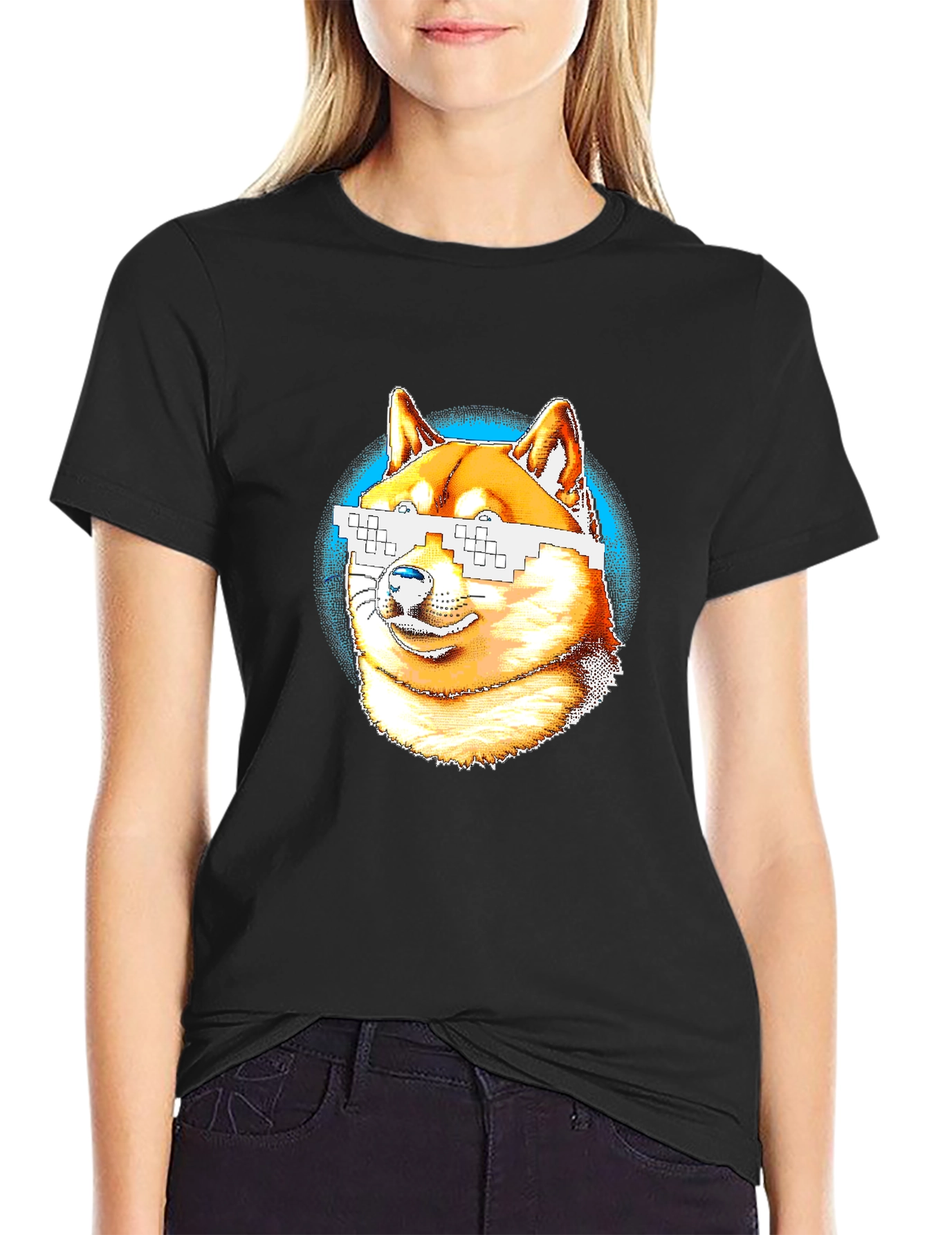 Doge Meme Pixel Sunglasses T-Shirt - Black