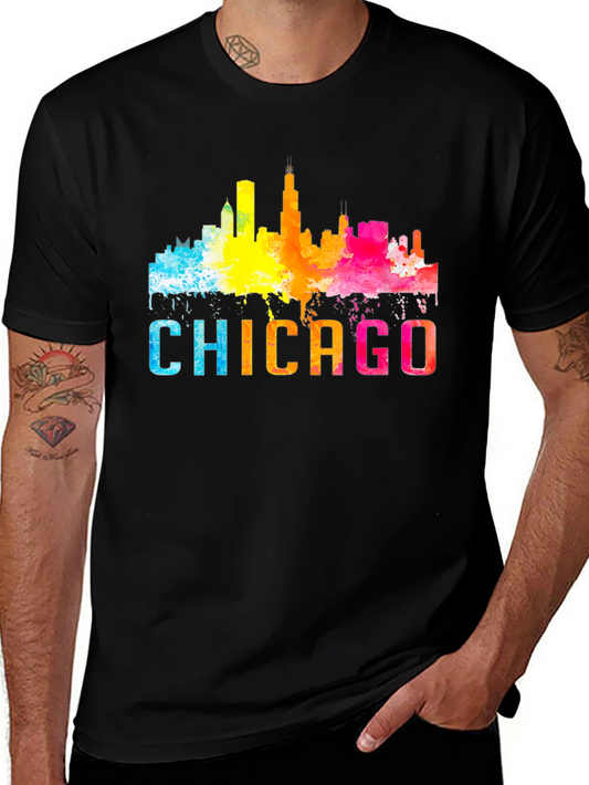 Chicago Skyline Watercolor Graphic Black T-Shirt