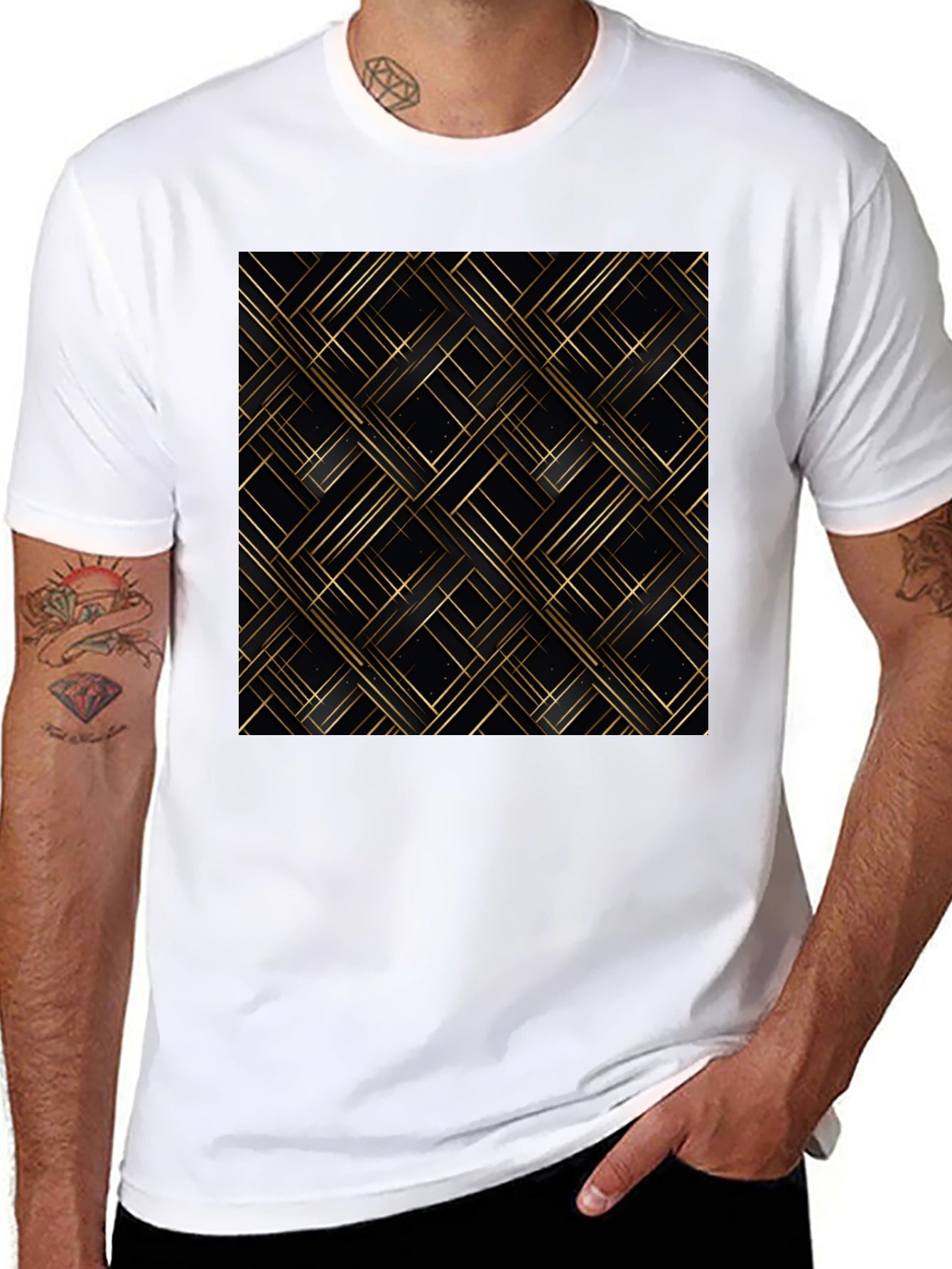 Stylish Black Tee - Geometric Gold Pattern