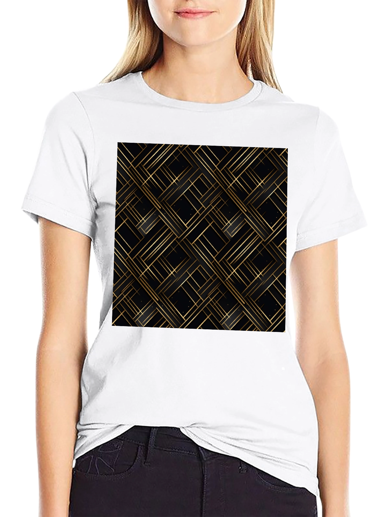 Stylish Black Tee - Geometric Gold Pattern