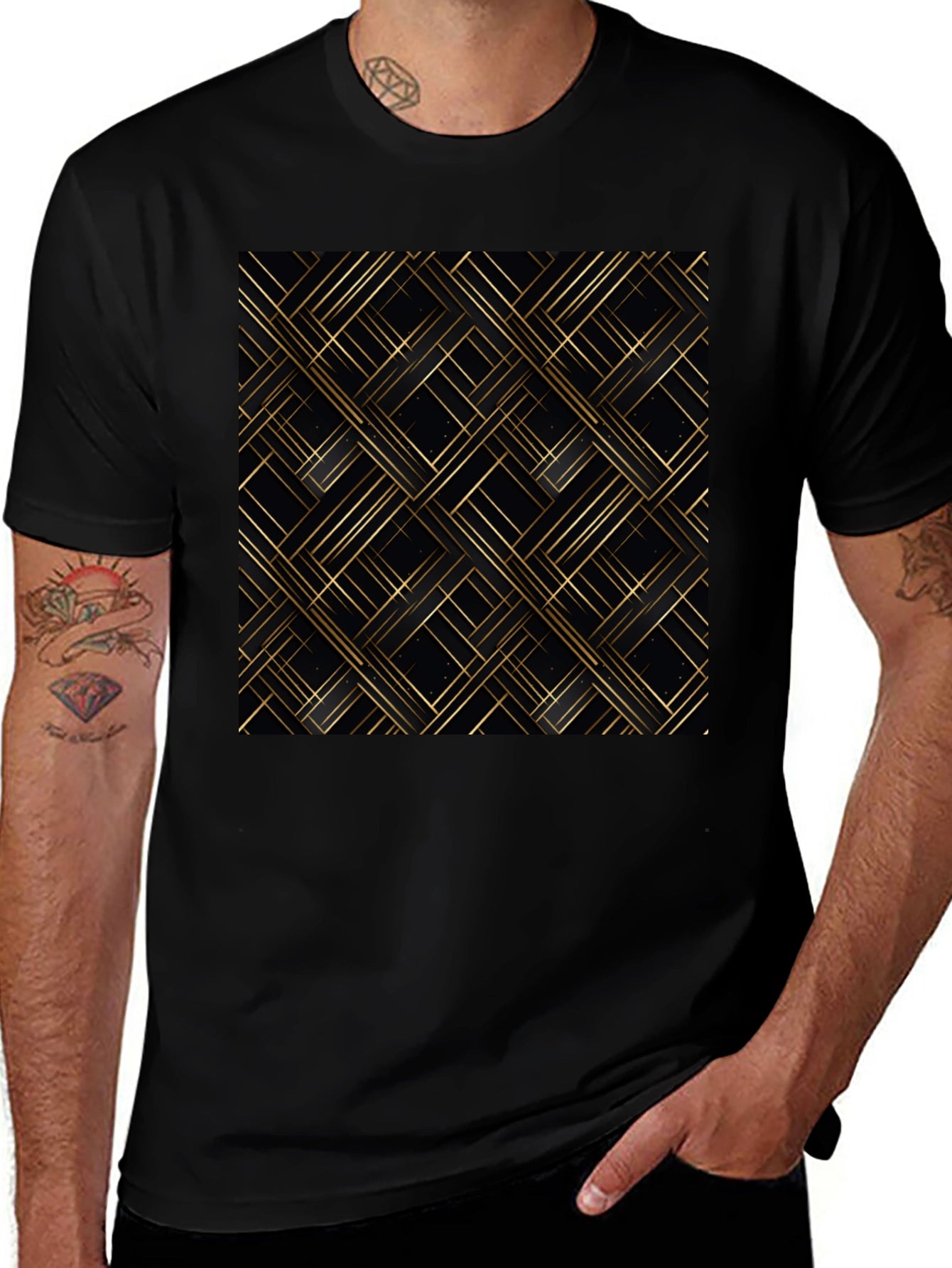 Stylish Black Tee - Geometric Gold Pattern