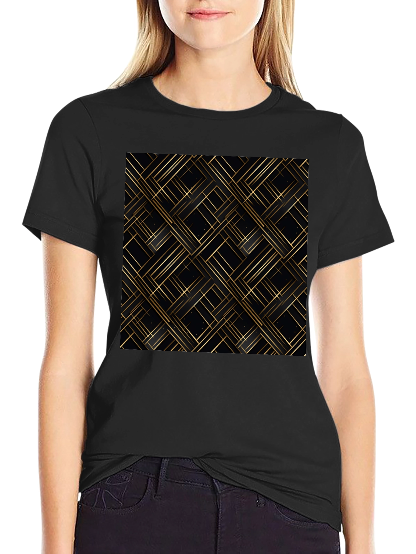 Stylish Black Tee - Geometric Gold Pattern