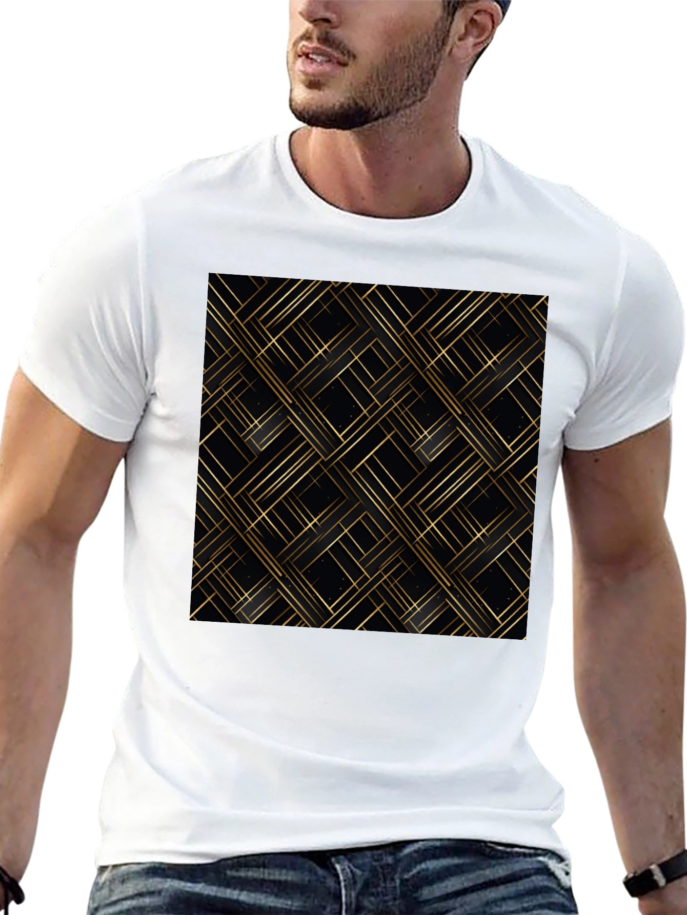 Stylish Black Tee - Geometric Gold Pattern