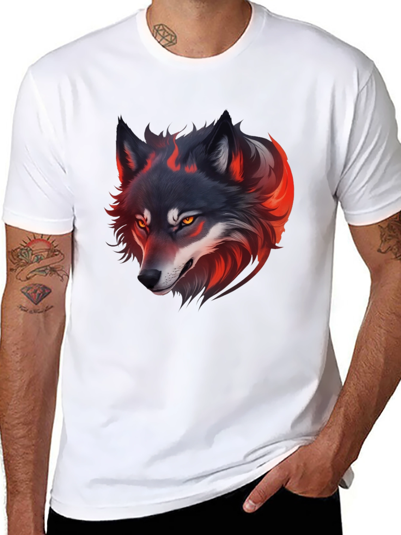 Fiery Wolf Graphic Tee - Black Cotton T-Shirt