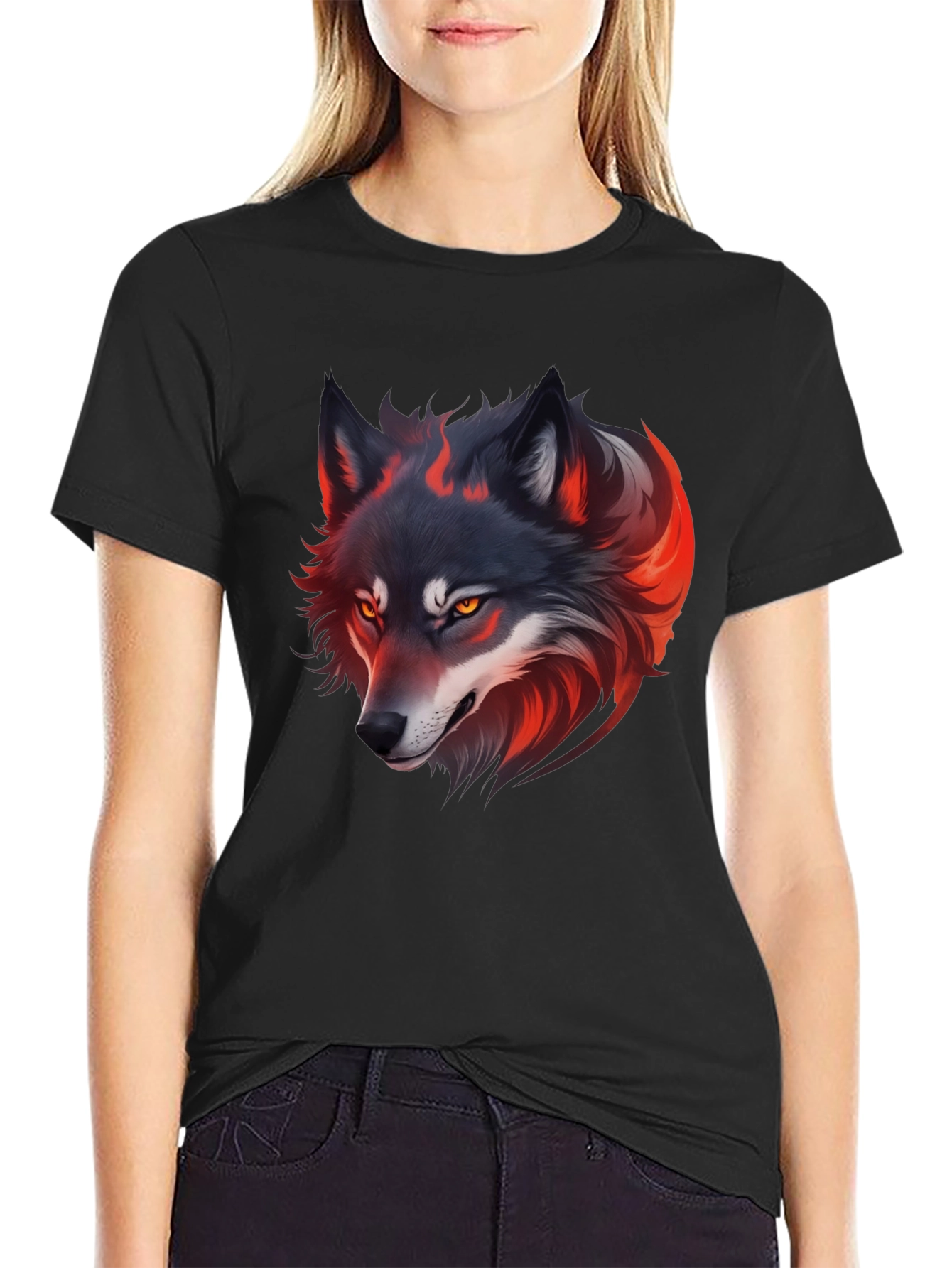 Fiery Wolf Graphic Tee - Black Cotton T-Shirt