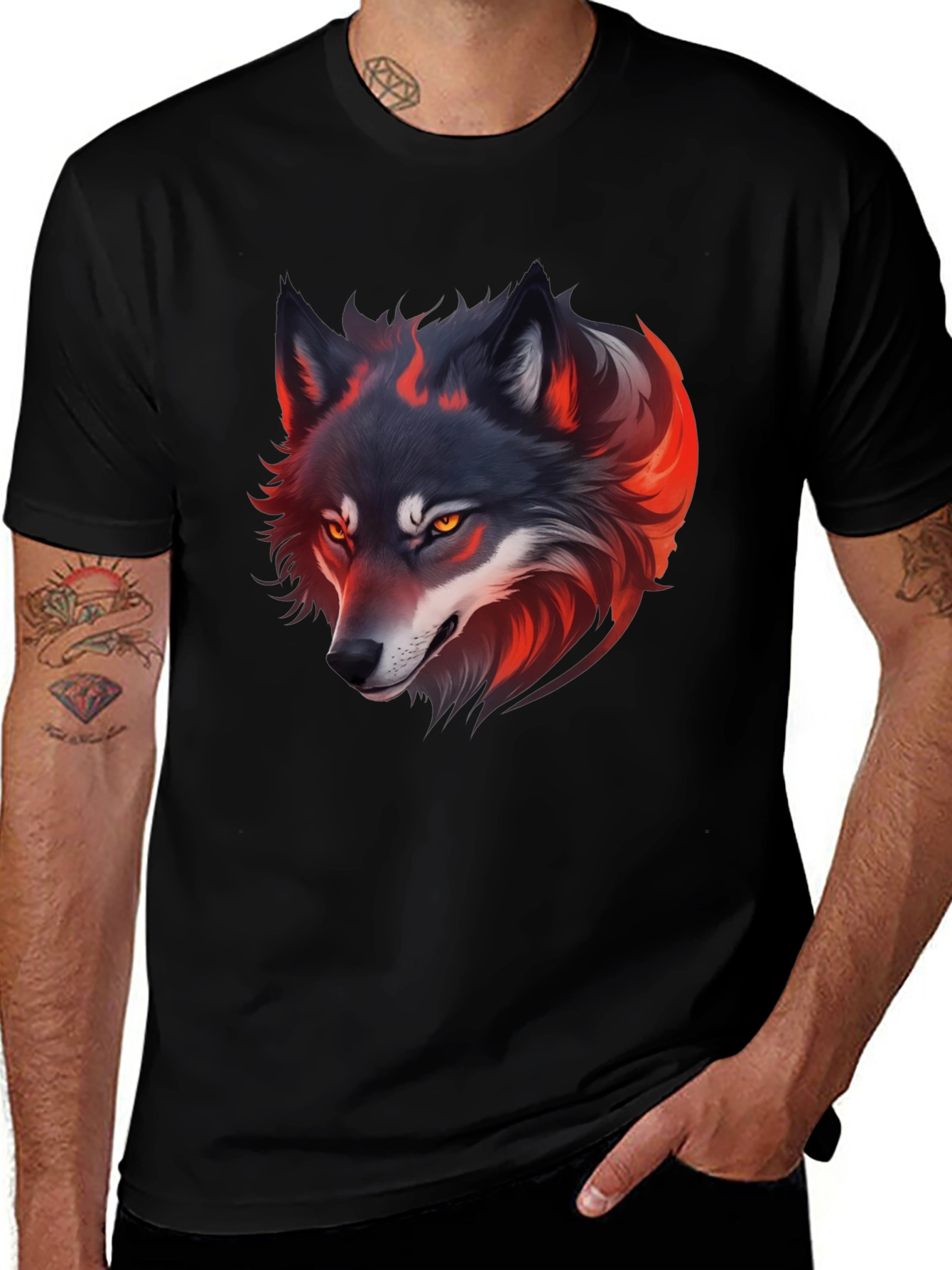 Fiery Wolf Graphic Tee - Black Cotton T-Shirt