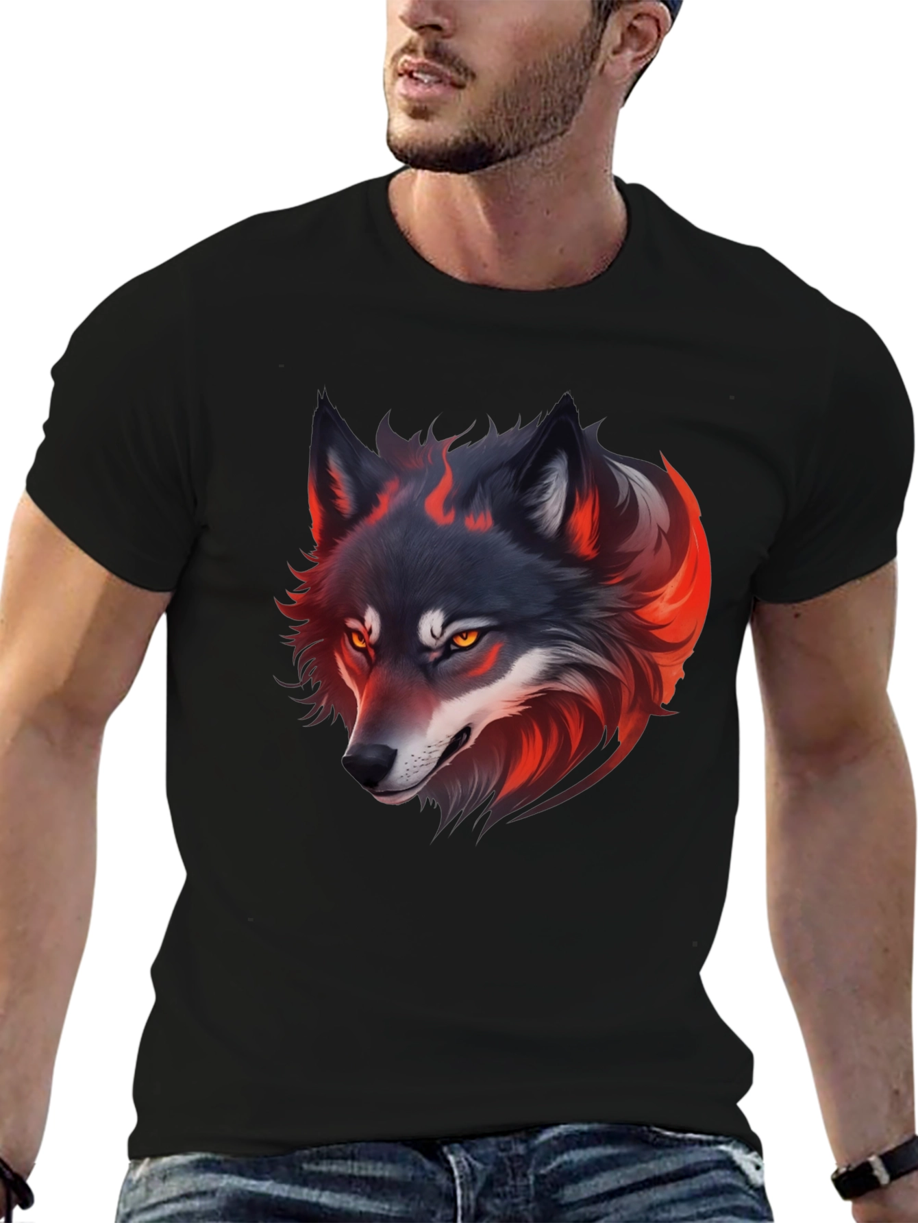 Fiery Wolf Graphic Tee - Black Cotton T-Shirt