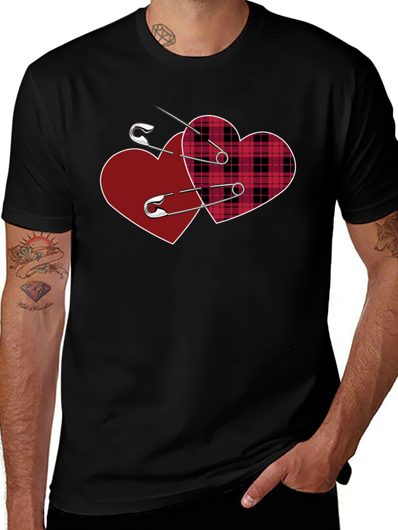 Safety Pin Hearts Graphic Tee - Edgy Valentines Style