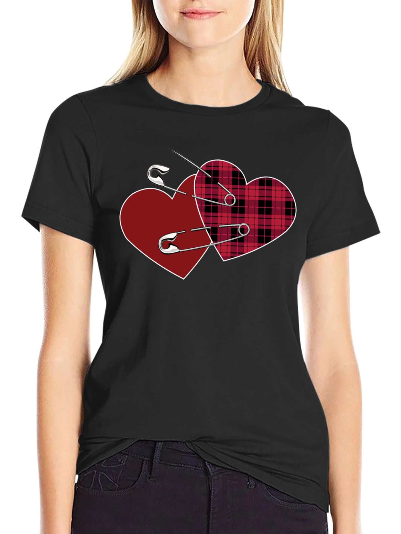 Safety Pin Hearts Graphic Tee - Edgy Valentines Style
