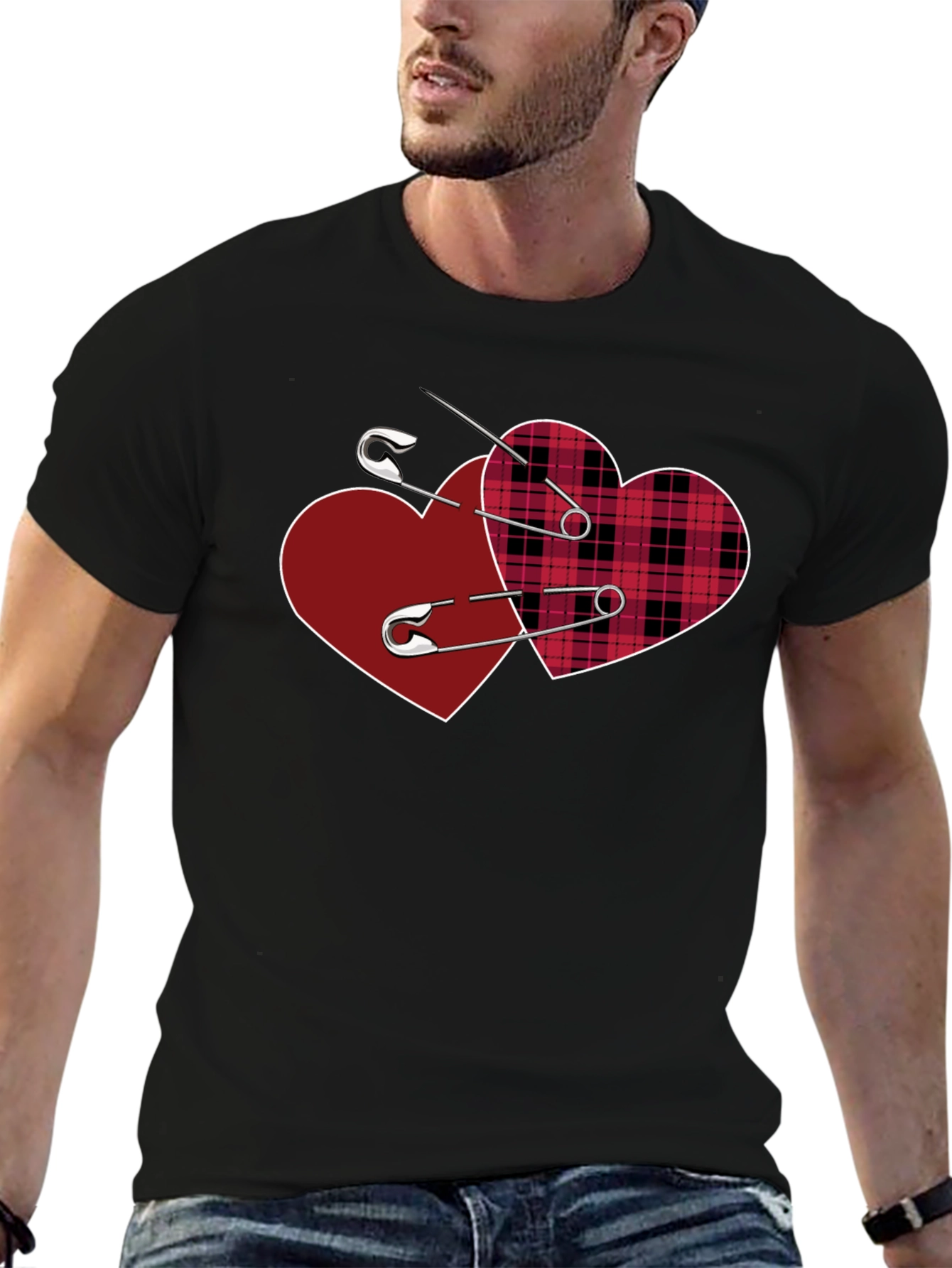Safety Pin Hearts Graphic Tee - Edgy Valentines Style