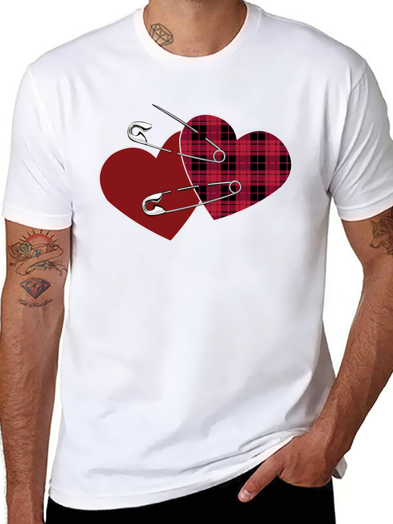 Safety Pin Hearts Graphic Tee - Edgy Valentines Style