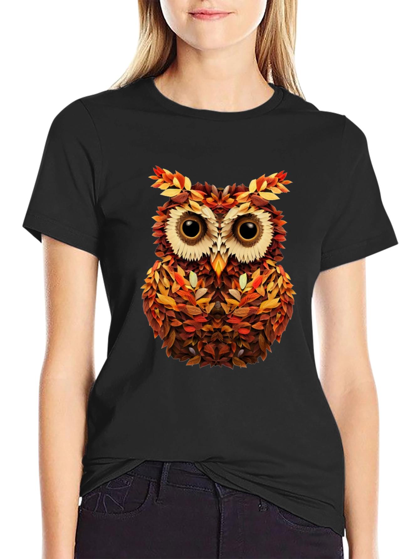Autumn Owl Graphic Tee - Nature Inspired Black T-Shirt