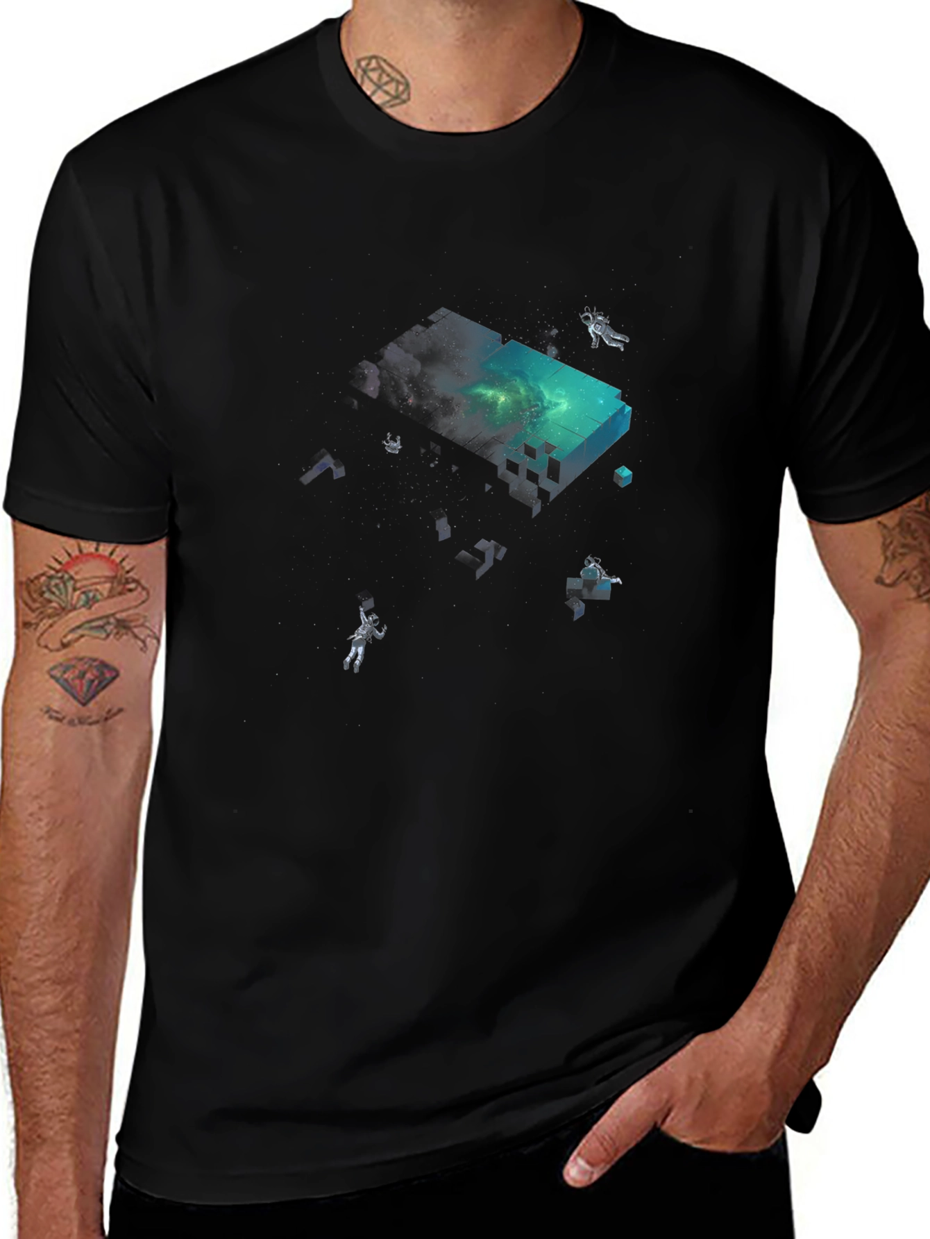 Astronaut Pixel Block Graphic Black T-Shirt