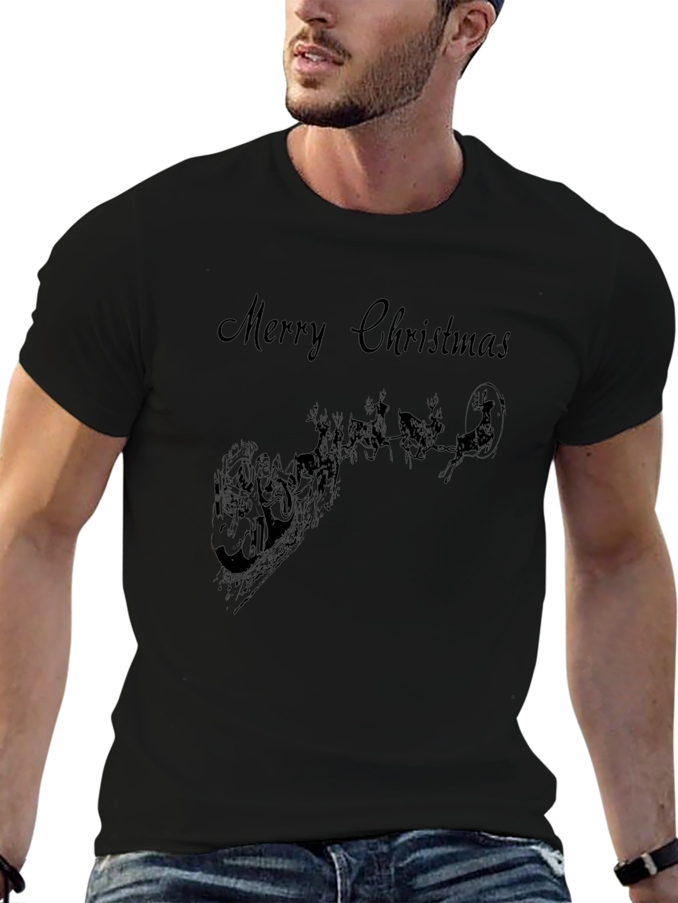 Merry Christmas Santa Sleigh Black T-Shirt