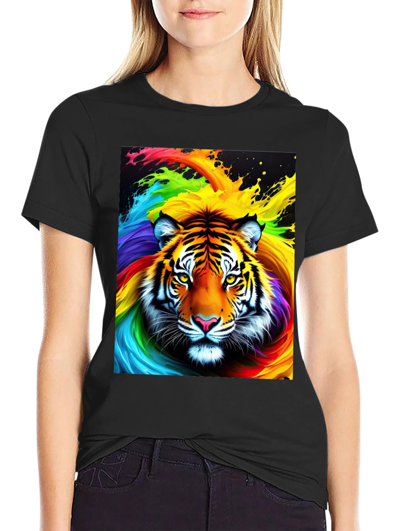 Rainbow Tiger Graphic Tee - Black Cotton Comfort