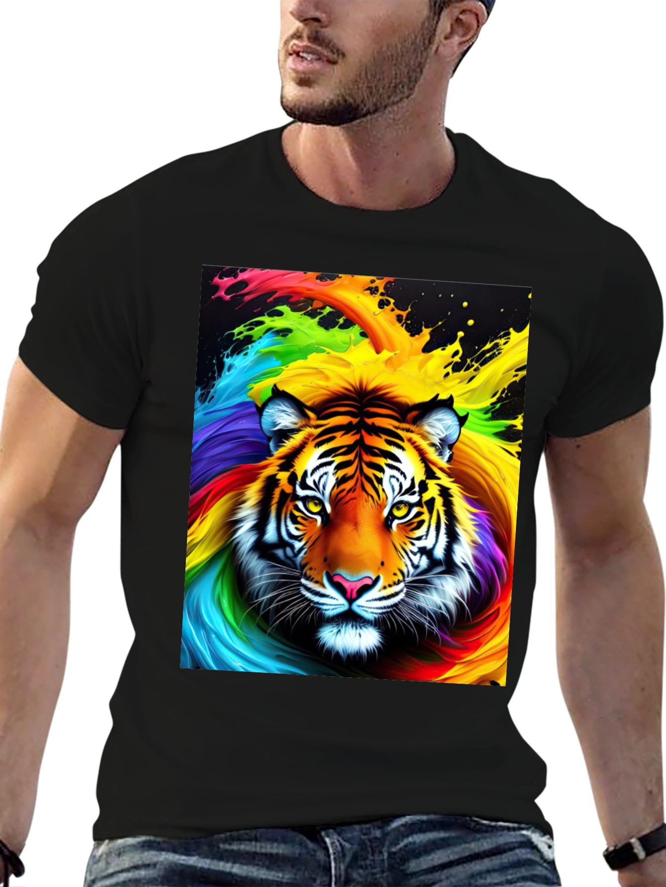Rainbow Tiger Graphic Tee - Black Cotton Comfort