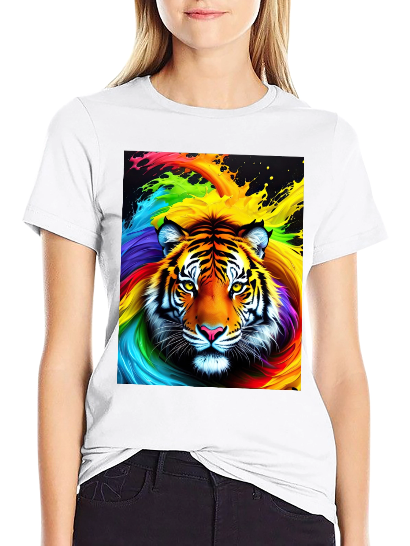 Rainbow Tiger Graphic Tee - Black Cotton Comfort