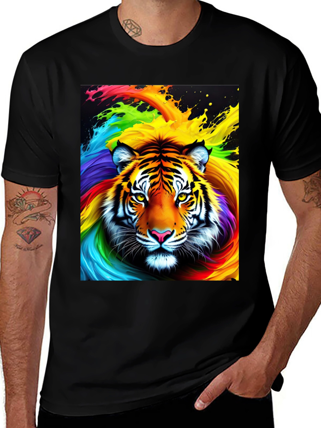 Rainbow Tiger Graphic Tee - Black Cotton Comfort