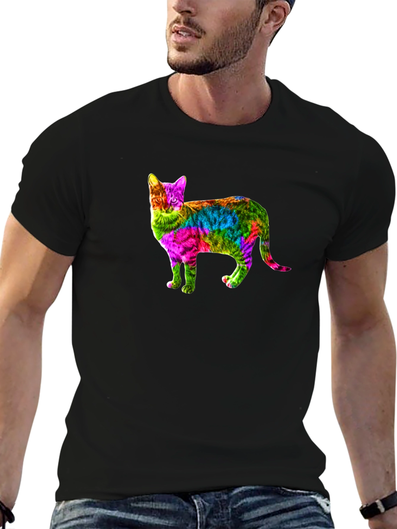 Rainbow Cat Graphic Print Black T-Shirt