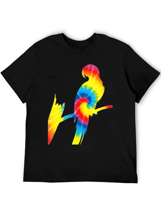 Tie Dye Parrot Graphic Tee - Black Cotton Casual T-Shirt