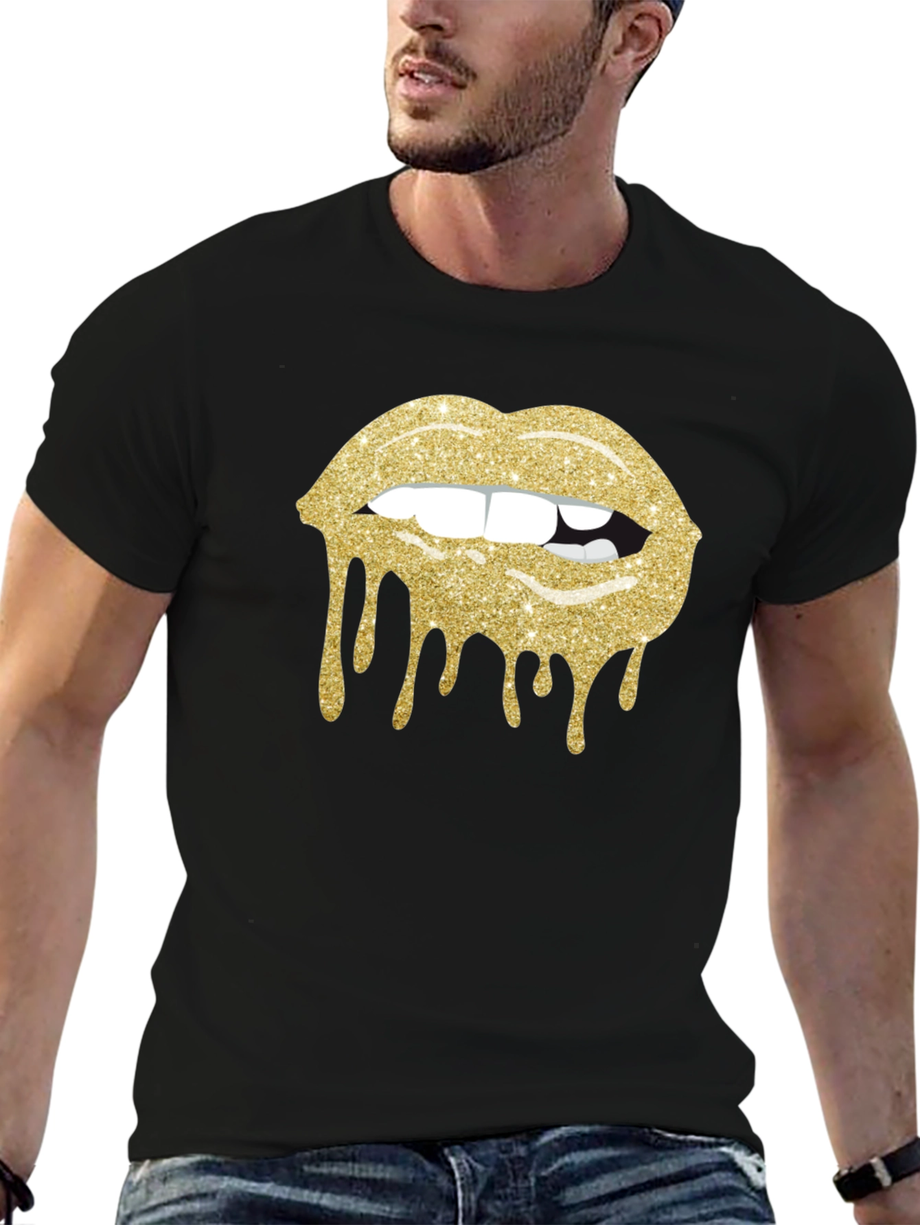 Glitter Lips Graphic Black T-Shirt