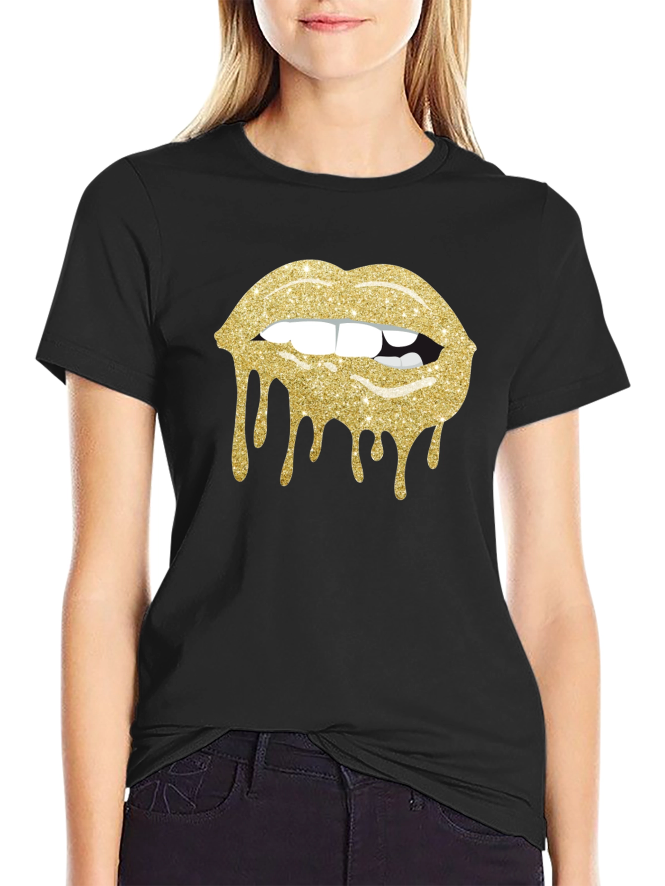 Glitter Lips Graphic Black T-Shirt