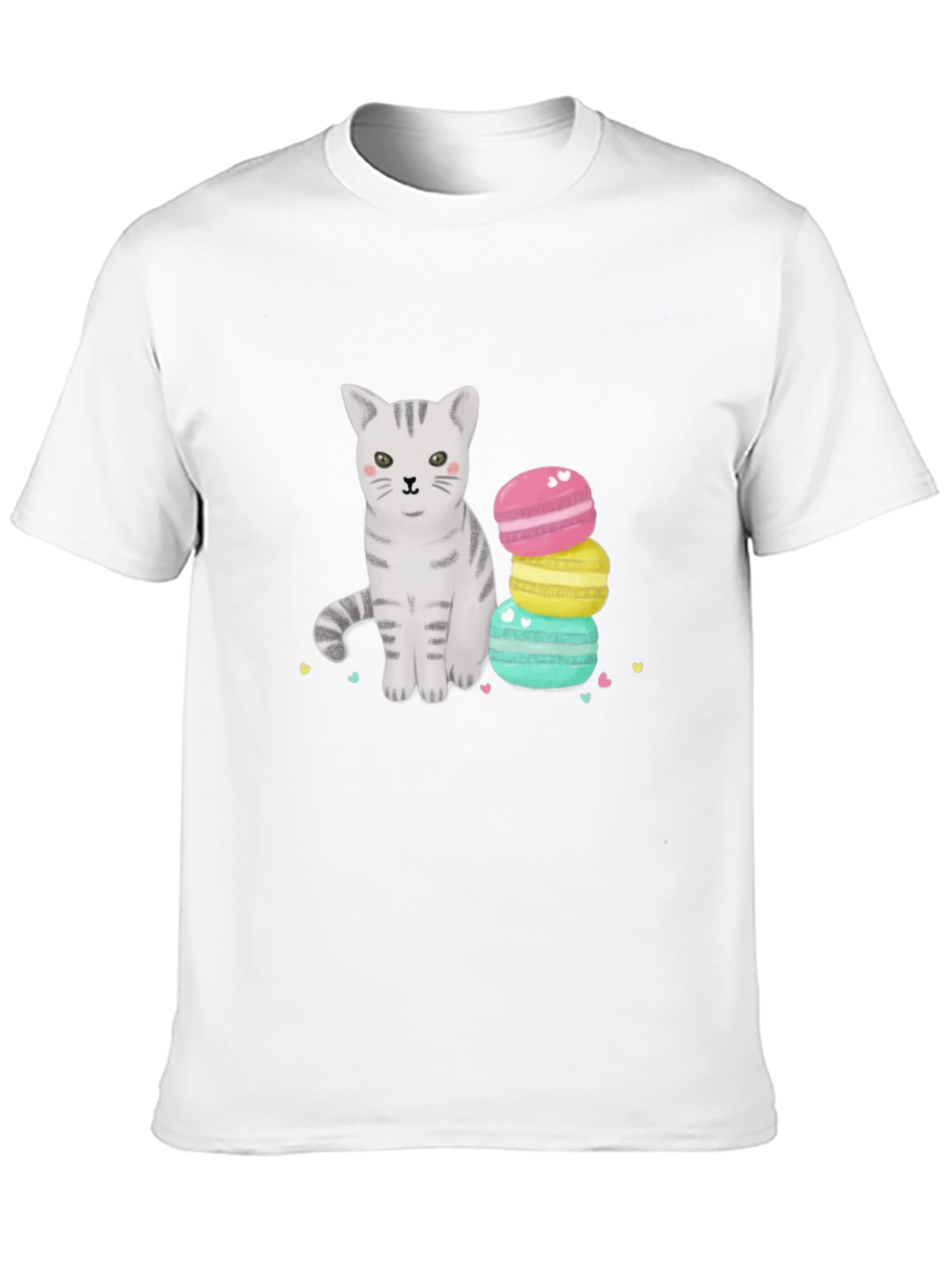 Cute Cat & Macarons Graphic T-Shirt - Black