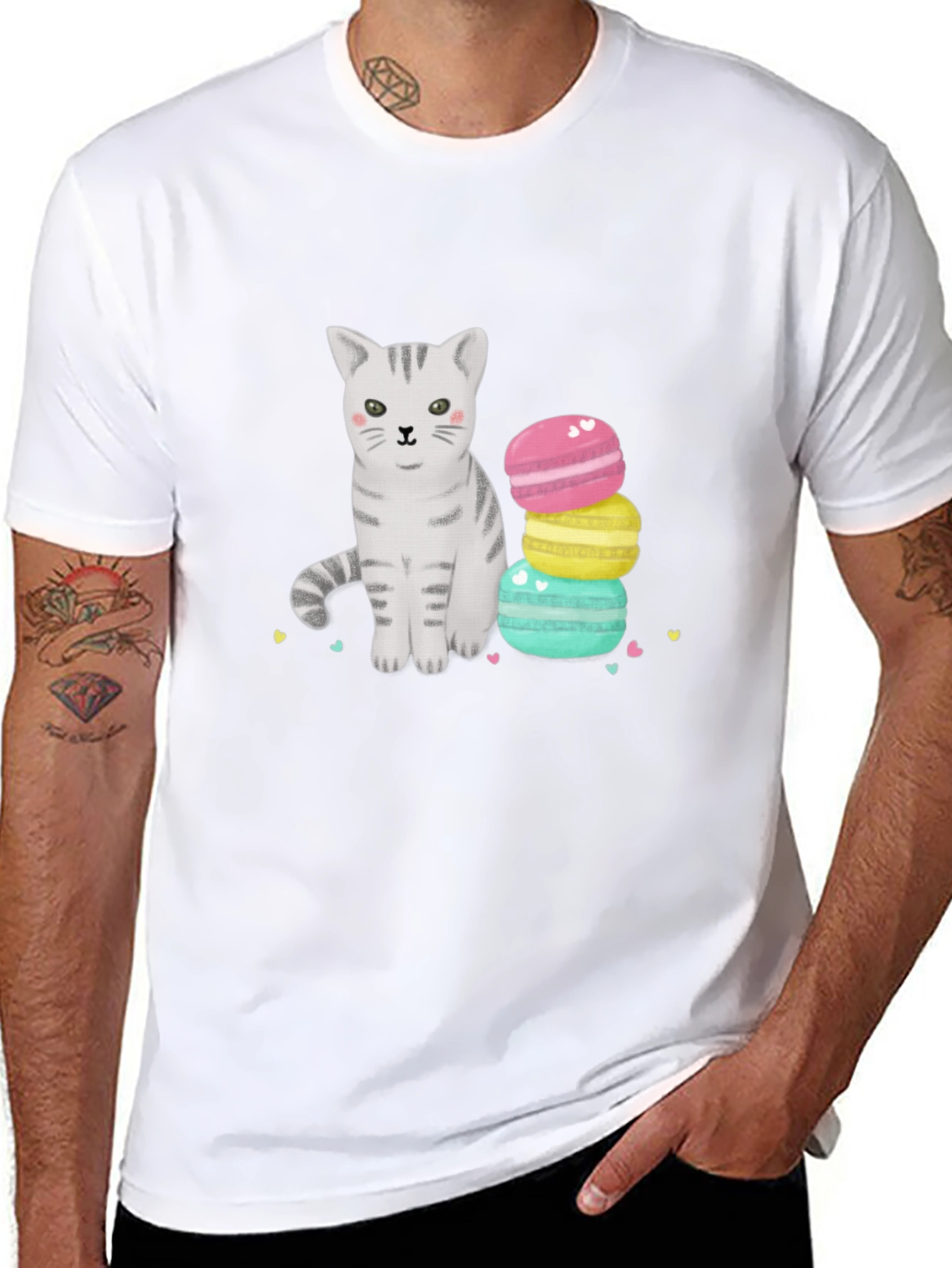 Cute Cat & Macarons Graphic T-Shirt - Black