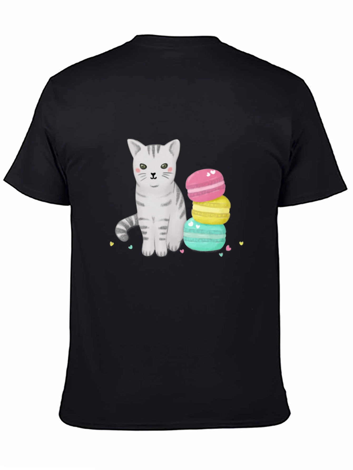 Cute Cat & Macarons Graphic T-Shirt - Black