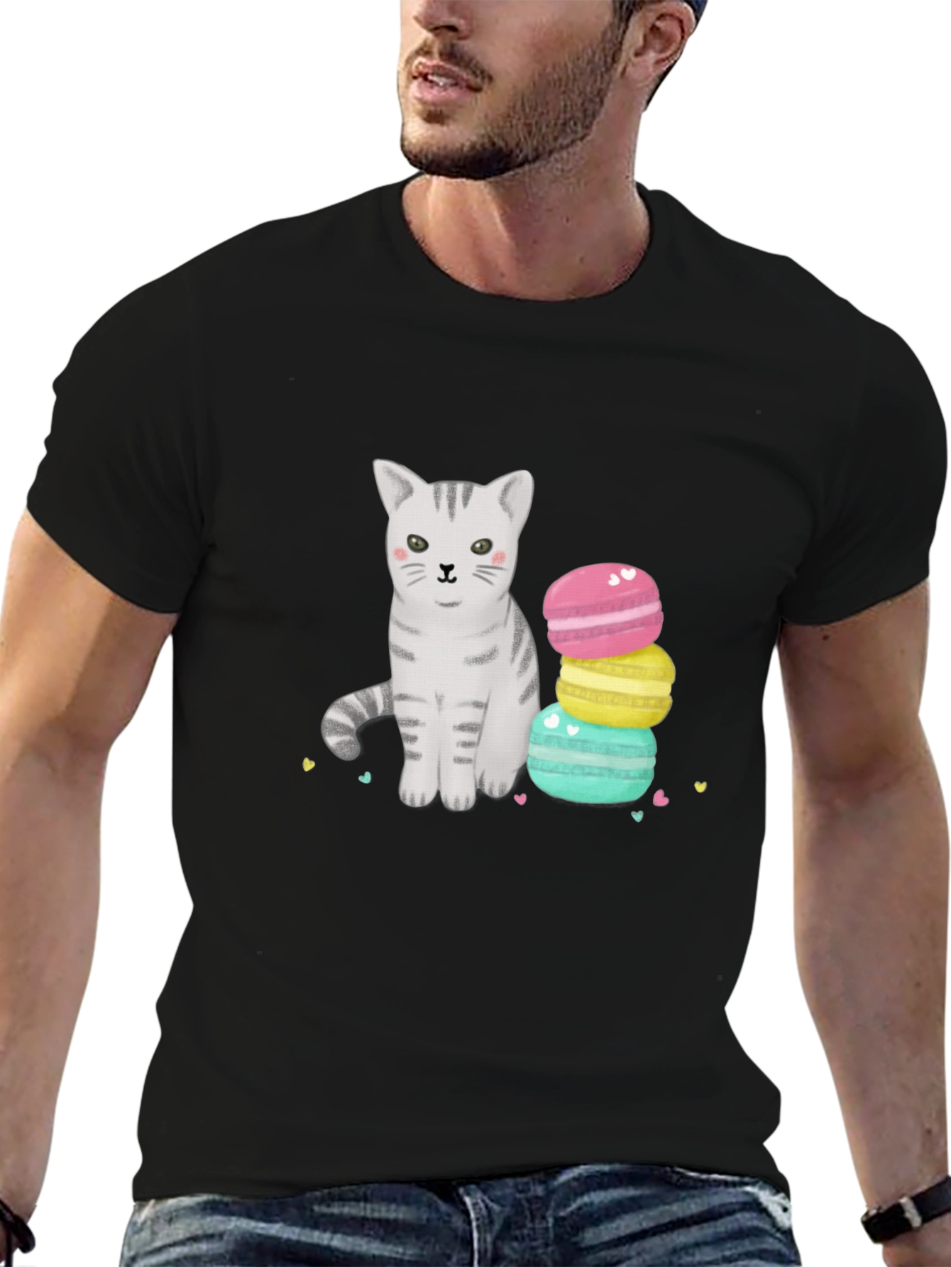 Cute Cat & Macarons Graphic T-Shirt - Black