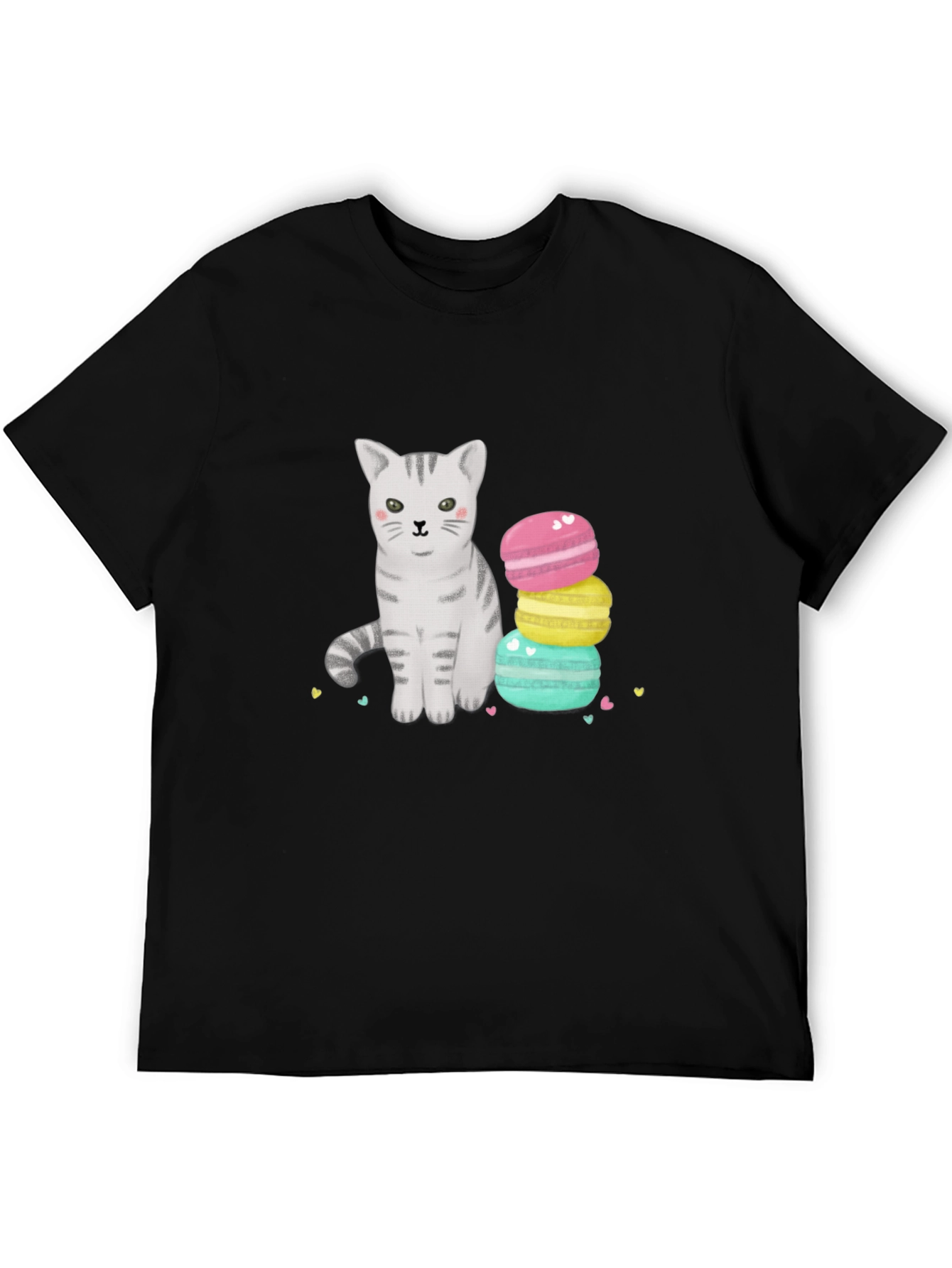 Cute Cat & Macarons Graphic T-Shirt - Black