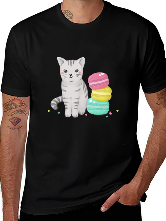 Cute Cat & Macarons Graphic T-Shirt - Black
