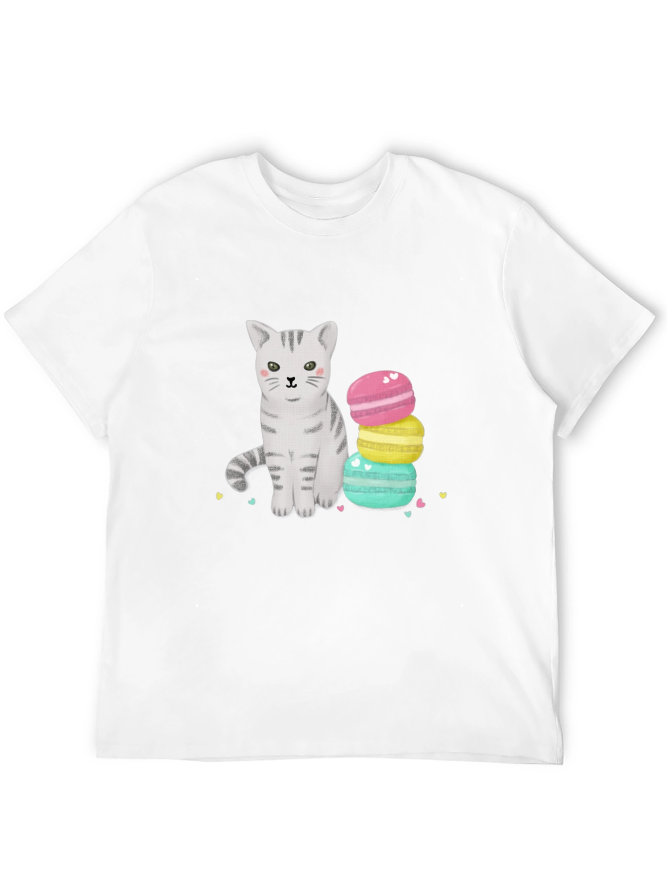 Cute Cat & Macarons Graphic T-Shirt - Black