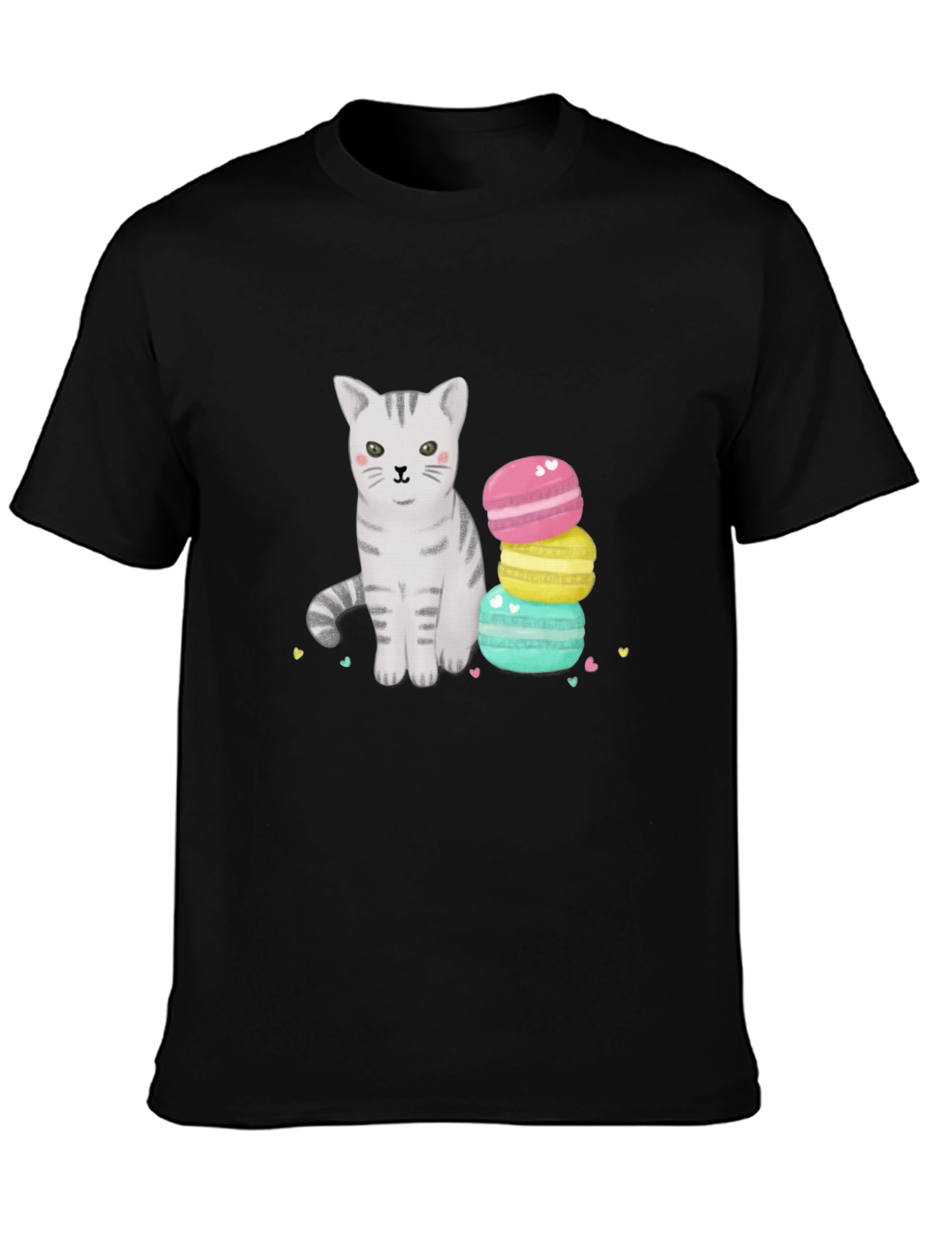 Cute Cat & Macarons Graphic T-Shirt - Black