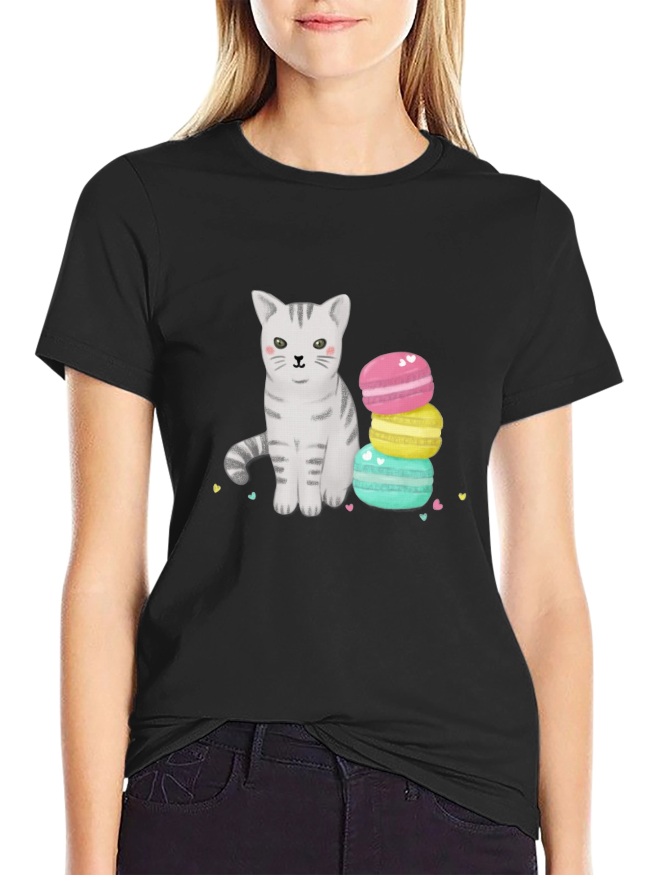 Cute Cat & Macarons Graphic T-Shirt - Black
