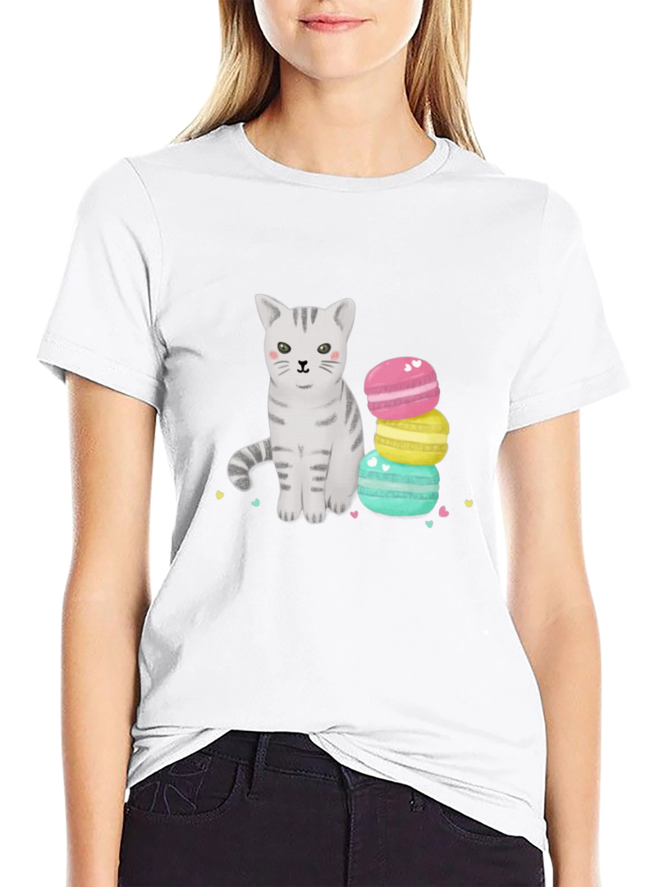 Cute Cat & Macarons Graphic T-Shirt - Black